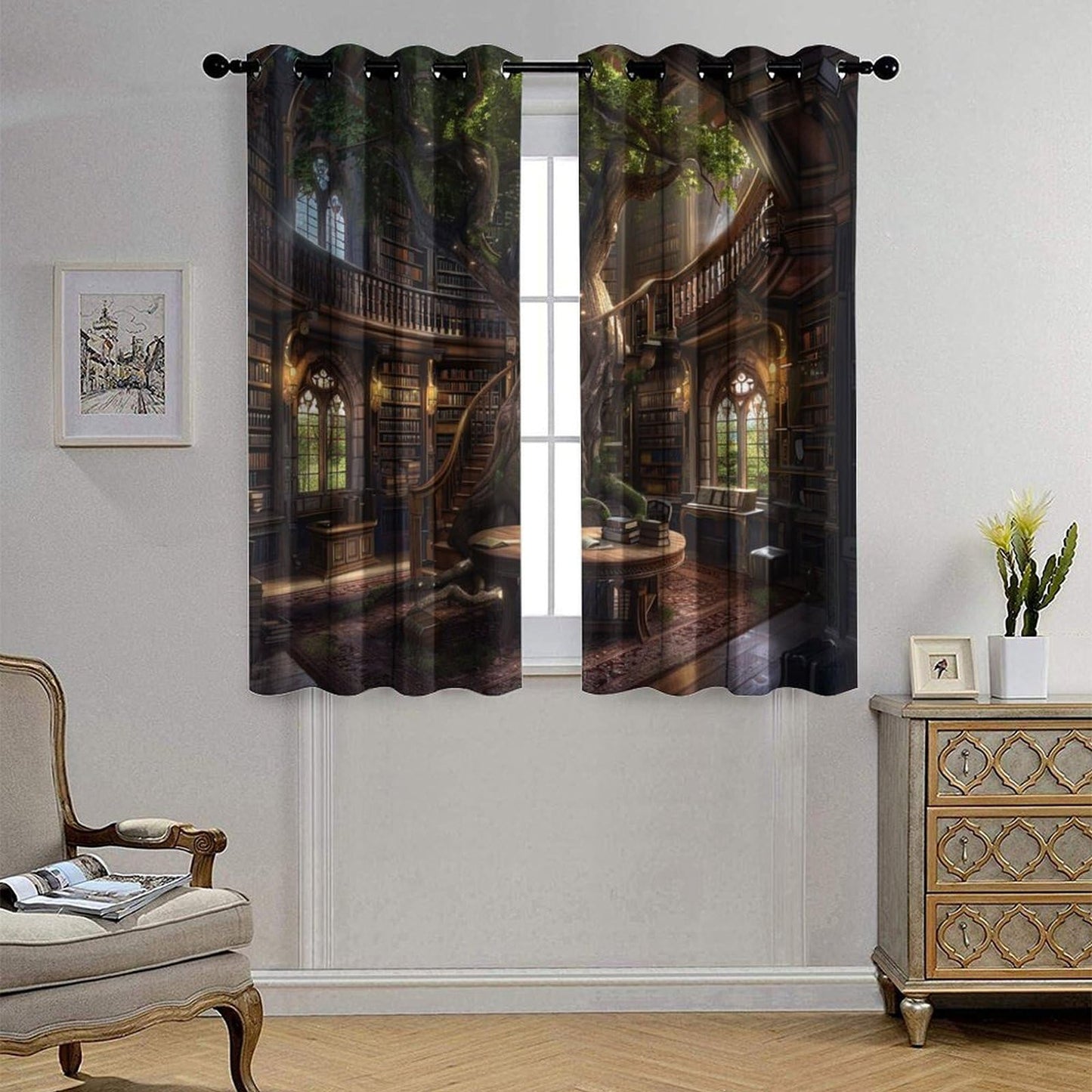 HDESDIS Retro Library Fantasy Grommet Blackout Curtains for Bedroom, Abstract Tree Plant Classic Bookshelf Thermal Insulated Curtains Room Darkening Window Drapes, 21W x 45L, 2 Panels