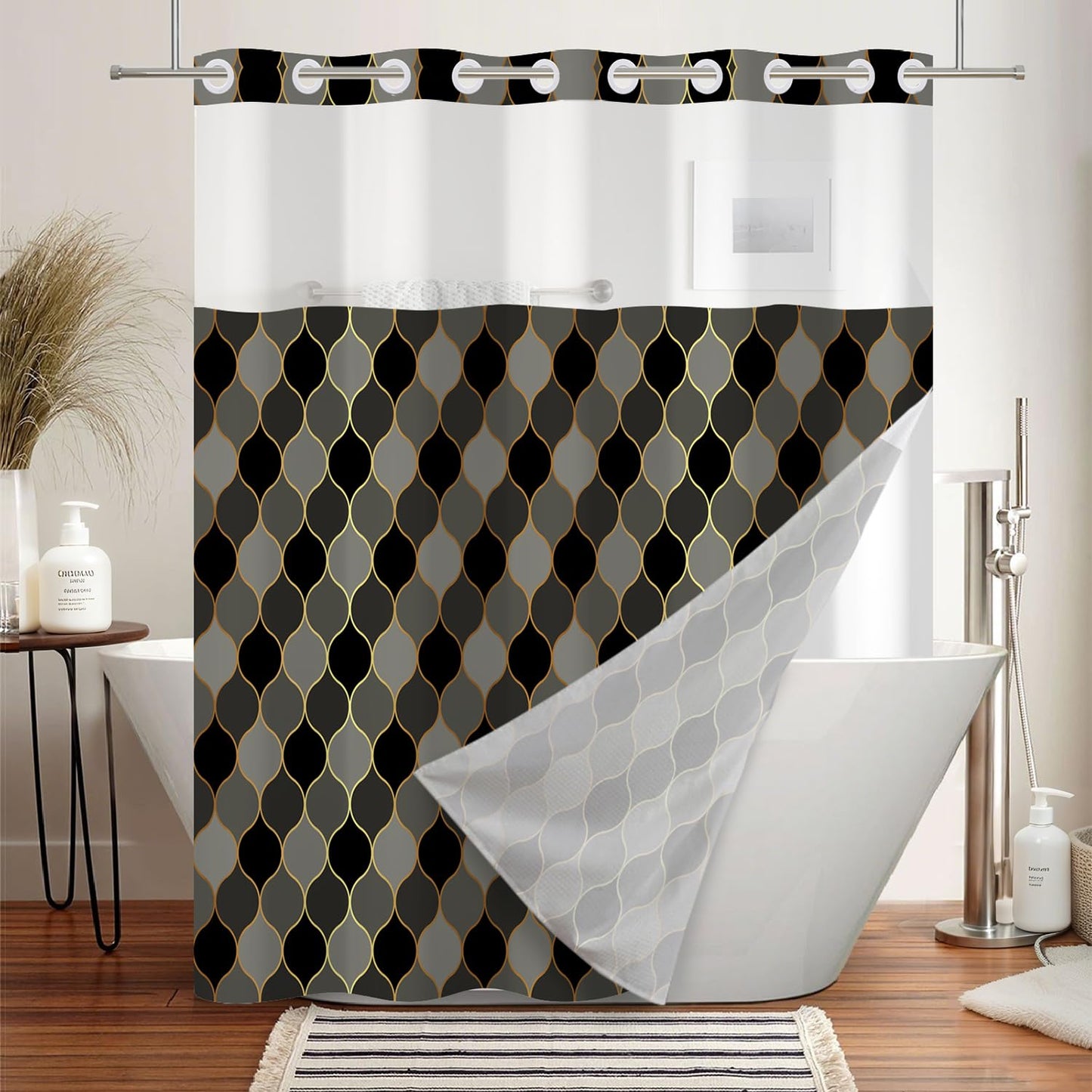 NAEMBCU No Hook Geometric Shower Curtain and Liner Set 71 x 74 Inches