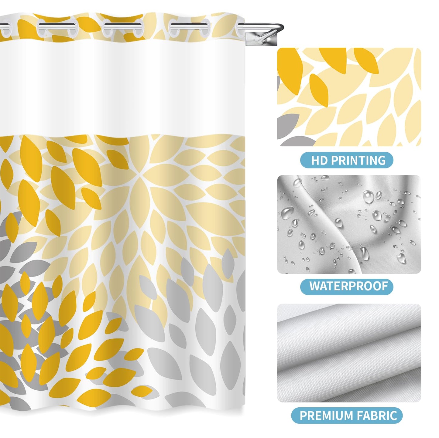 Mowxune No Hook Shower Curtain,Deluxe Yellow Dahlia Floral Shower Curtains for Bathroom,Hotel Style Aesthetic Decor,Gray Petal Pattern,Stylish Floral,with White Removable Liner,71x74 inches