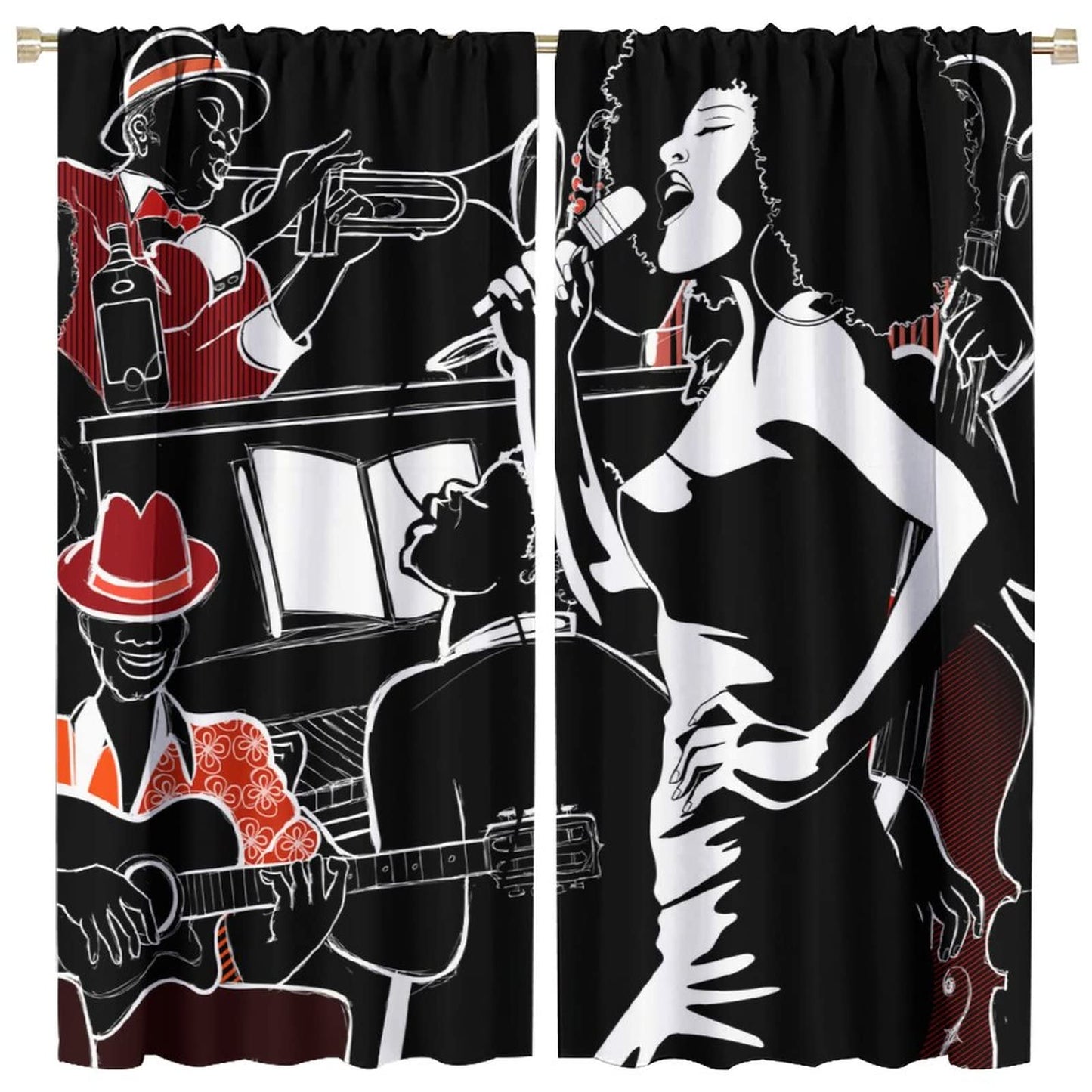 Modern Abstract African American Curtains, Jazz Band Afro Black Woman Singer Performer Silhouette, Thermal Insulation Blackout Window Treatments Rod Pocket for Living Room Bedroom Bathroom 42x45in