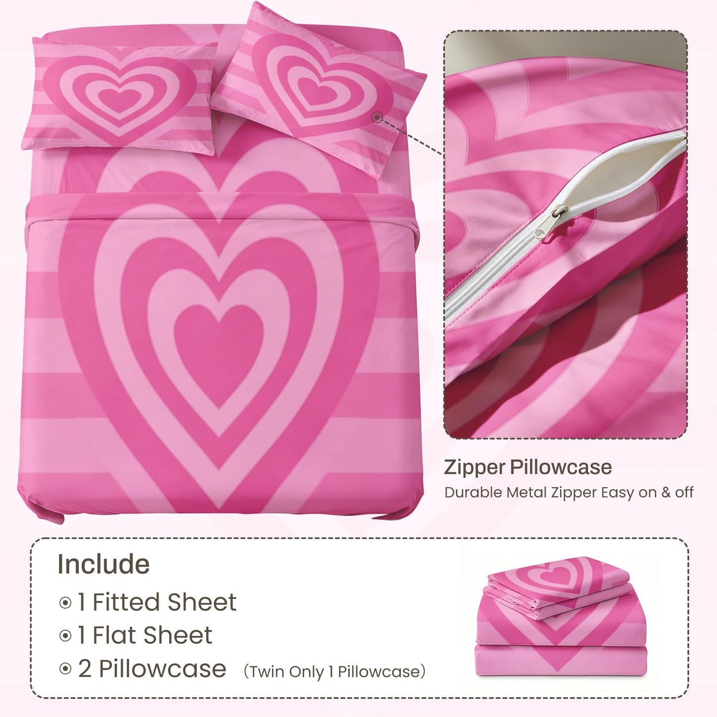 Pink Heart Striped Queen Bedding Set Retro 70s Sheet Sets