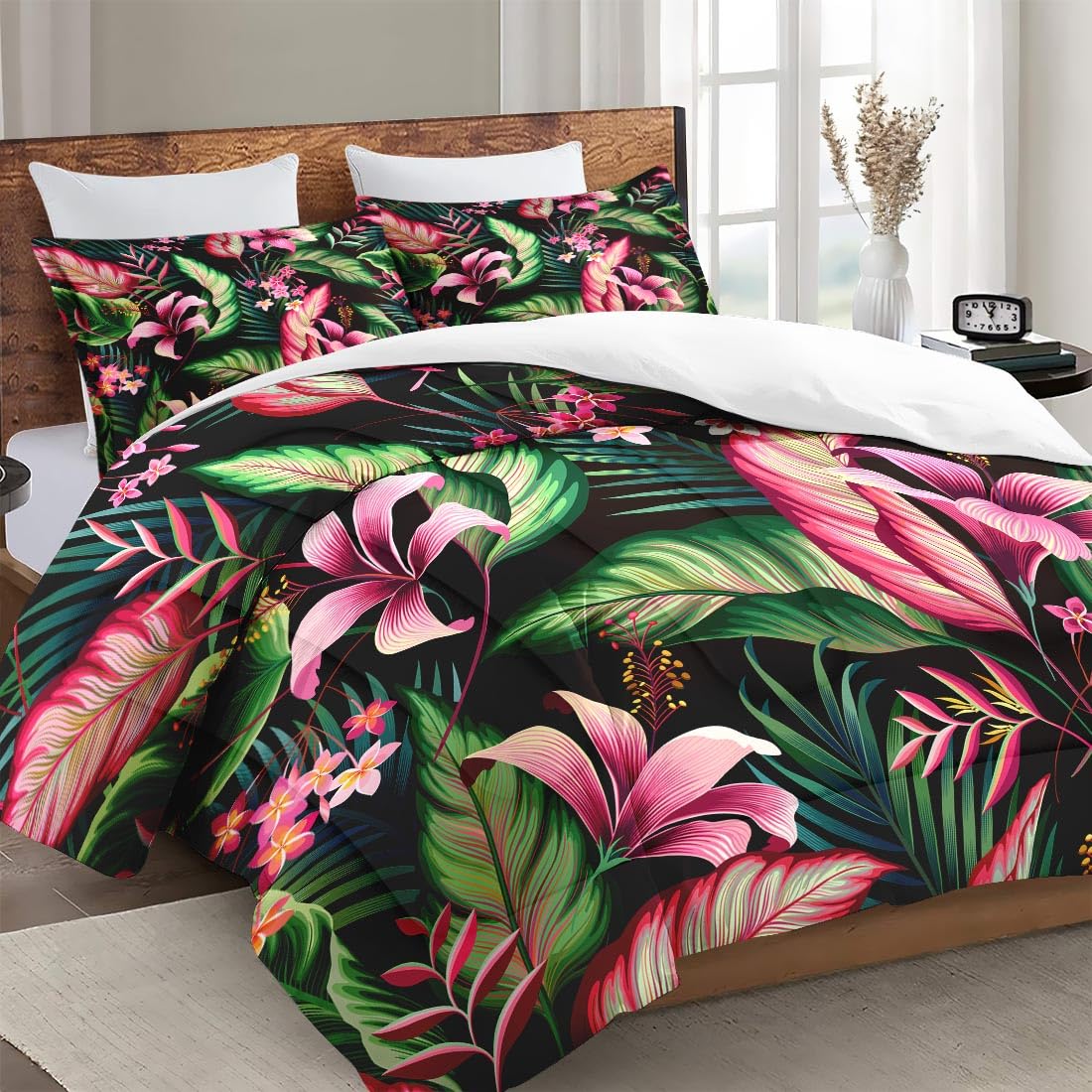 WeCozy Queen Size Comforter Set with 2 Pillowcases, Tropical Leaves Flower Hibiscus Soft 3 Pcs Bedding for Kids and Adults Bedroom Bed Decor