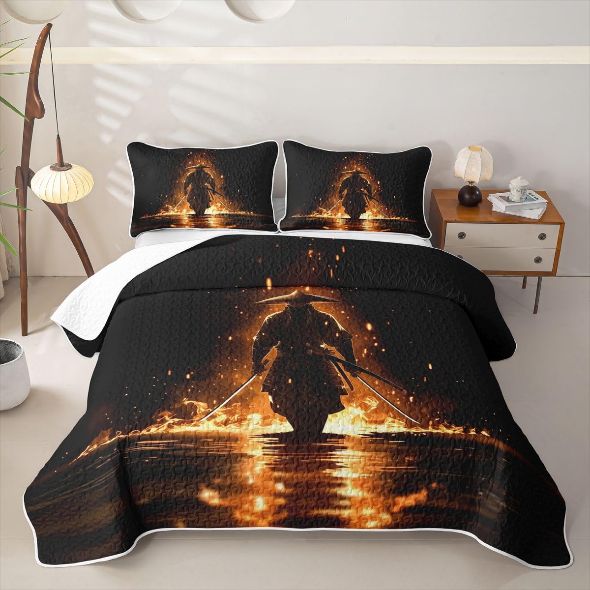 Erosebridal Japanese Samurai Quilt Twin Size - Japan Warrior Bedspread Japanese Spirit Bed Coverlet with 1 Pillowcase