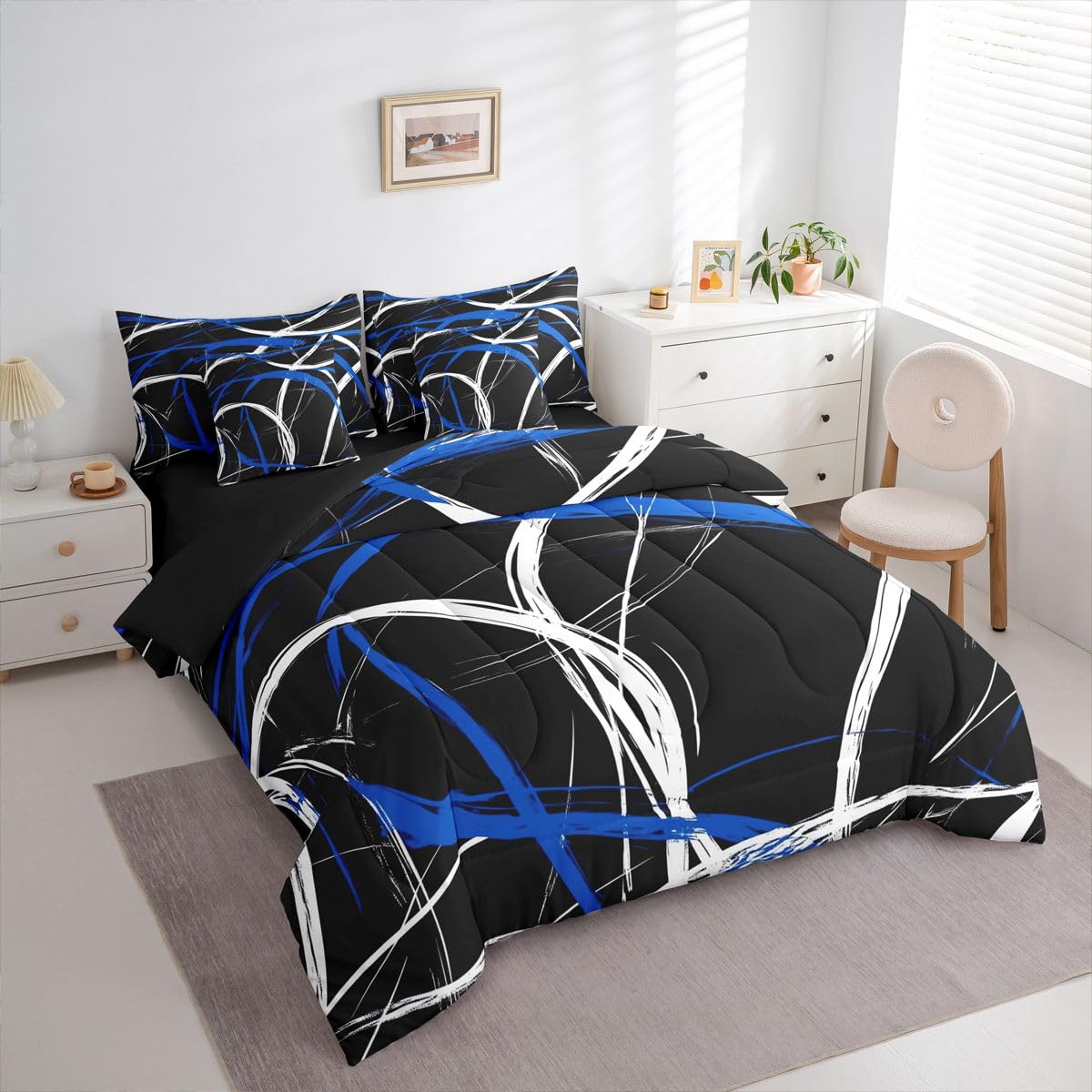 jejeloiu Modern Abstract Comforter Set Full SizeBlue Stripe 7 Pcs Bedding for Kids and AdultsGeometric Aesthetic Boys Girls Bed in a Bag Bed Sheet Sets with Fitted Sheet Pillowcases