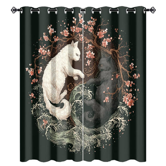 XSUPFLYM Beautiful Japanese Yin Yang Cat Privacy Perforated Curtains Retro Anime Cherry Blossom Floral Ocean Waves Animals Curtains Top Grommets Window Treatment 2 Panels.Each 21" W x 54" L