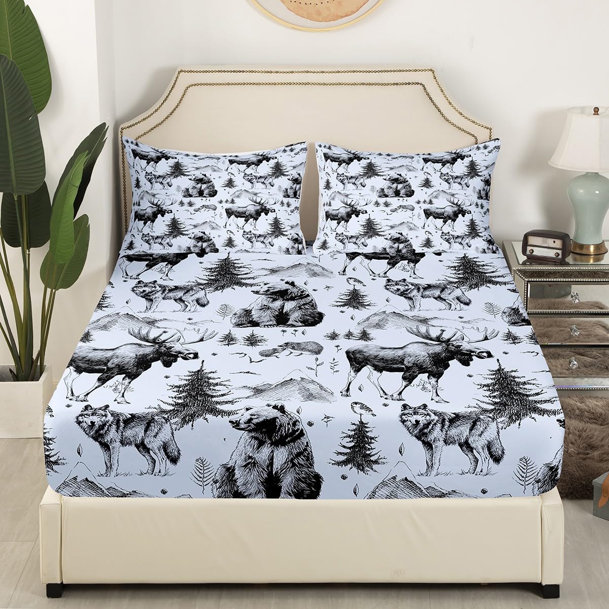 Bear Bed Sheets for Rustic Cabin,Grey Deer Moose Wolf Mountain Sheet Set Full,Farmhouse Pine Tree Woodland Bedding Set Bedroom Decor,Retro Hunting Wild Animal Fitted Sheet + Flat Sheet + 2 Pillowcases