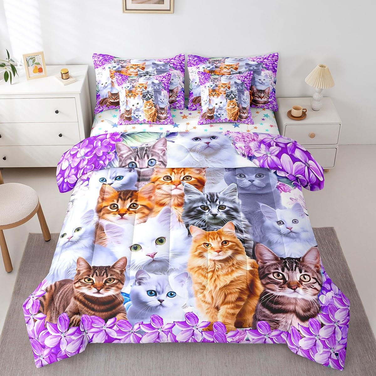 Feelyou Floral Cat 7 Piece Bedding Set with Sheets Twin Size Purple Cat Comforter Set with Sheets for Kids Teens Girls Bed Set Kawaii Animals Cute Decor Bedroom Soft and Lightweight(Reversible Stars)