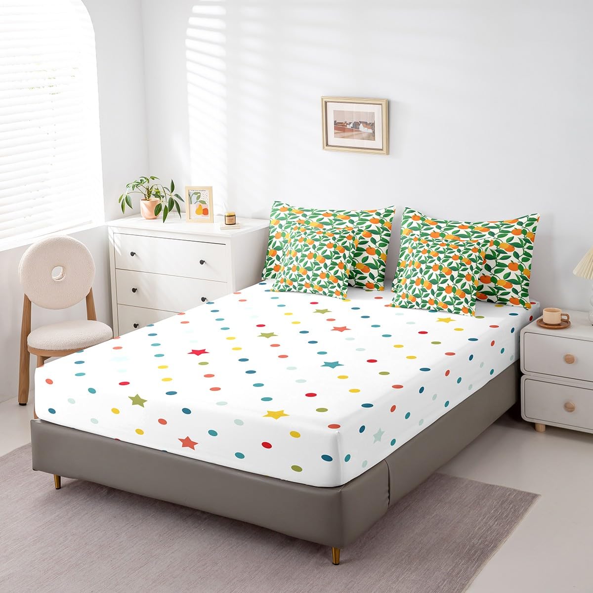 Orange Full Size Bed Sheets and Comforter Set,Kawaii Fruit 7 Piece Bedding Set Green Plant Leaves Bed in a Bag,Tangerine Orange Tropical Botanical Bed Sets