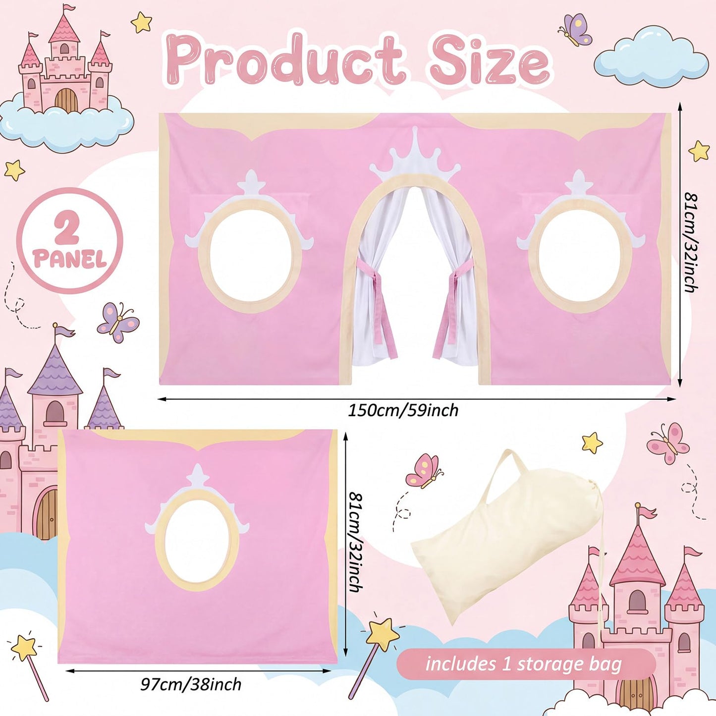 Hahafelt Low Bunk Bed Curtain Set - 2 Panel 59" 38" Underbed Peachskin Playhouse Loft Bed Privacy Play Curtains for Kids Bedroom Decoration Gift(Princess,Pink)