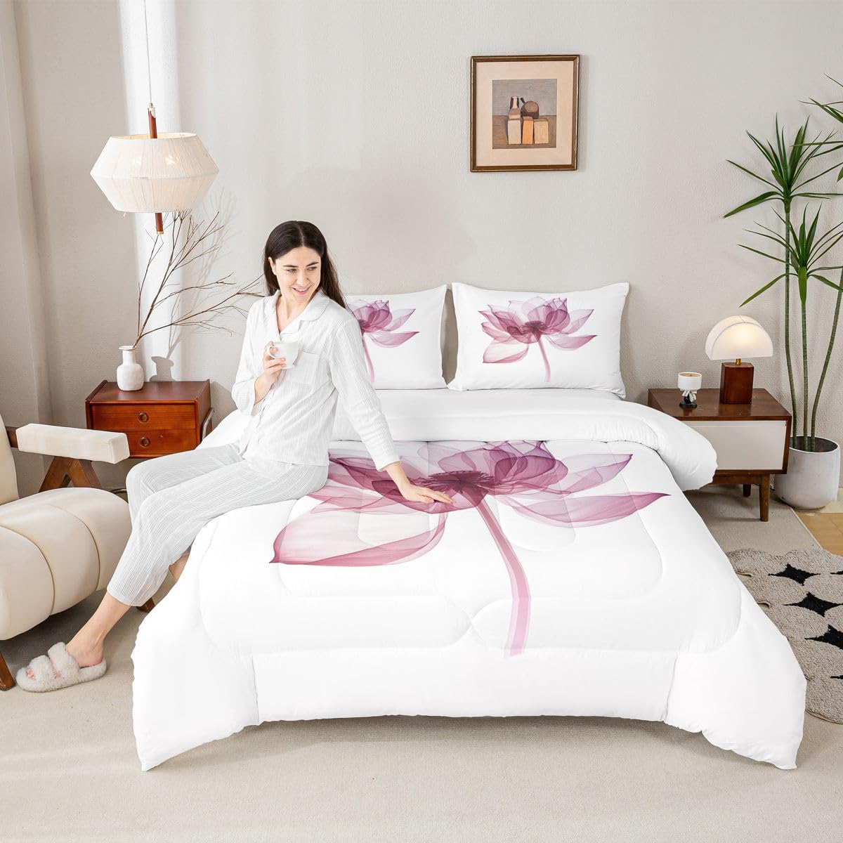jejeloiu Abstract Floral Kids Comforter Set Toddler Size Modern Art Bedding Set Flower Pink Duvet Quilt for Kids Boys Girls Bedroom Decor Microfiber Ultra Soft Breathable