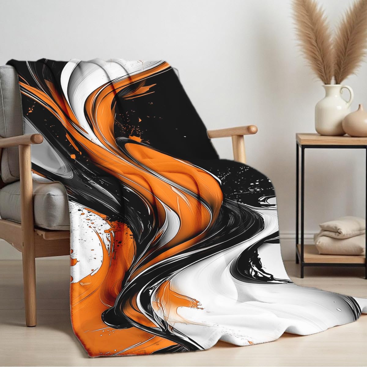 HUNXIAOJ Orange Blanket Throw for Couch Bed Abstract Print Blanket Soft Flannel Bedding Modern Bedroom Home Decor (49"x59")