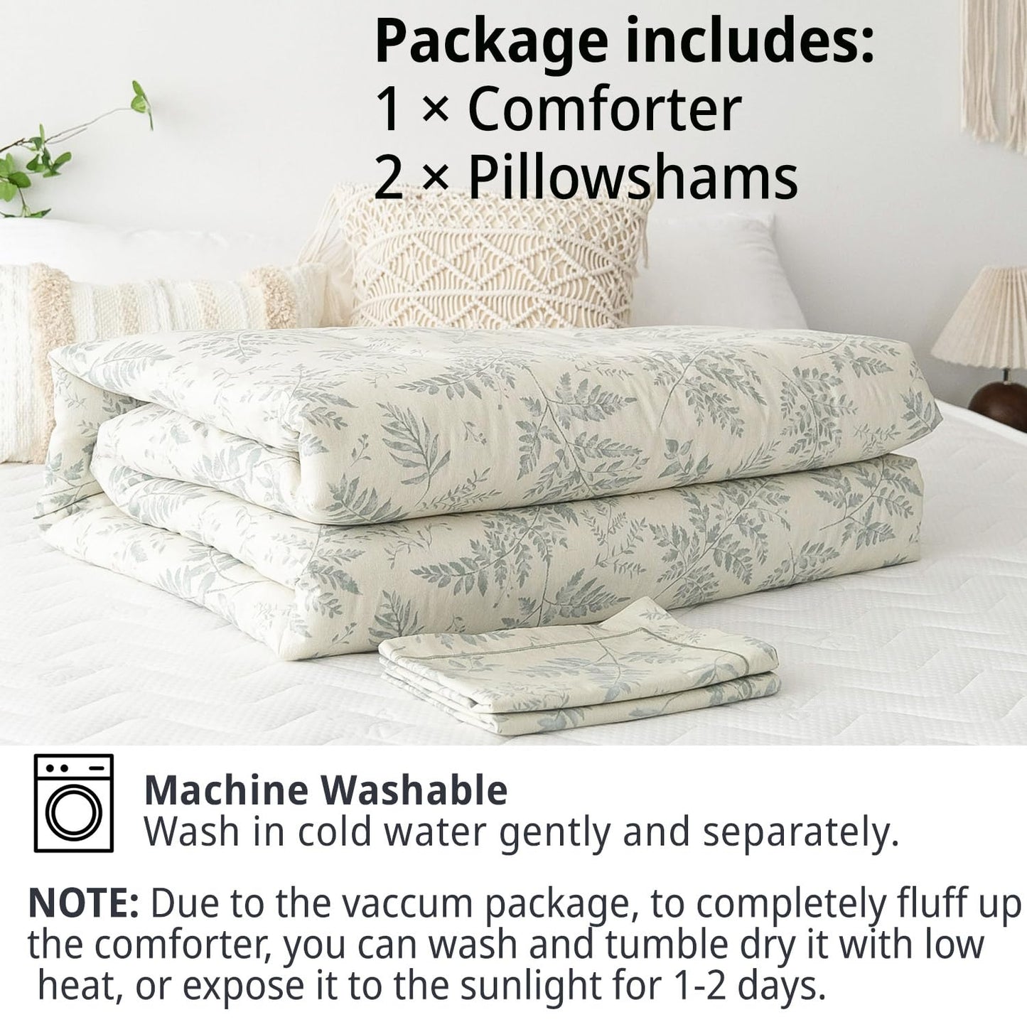 LEMIROE Botanical Cotton Comforter Queen Size - Dusty Green Comforter Printed with Luxurious Greyish-Green Ferns on Beige,Reversible Lightweight Bedding Sets 3Pcs(90"×90")