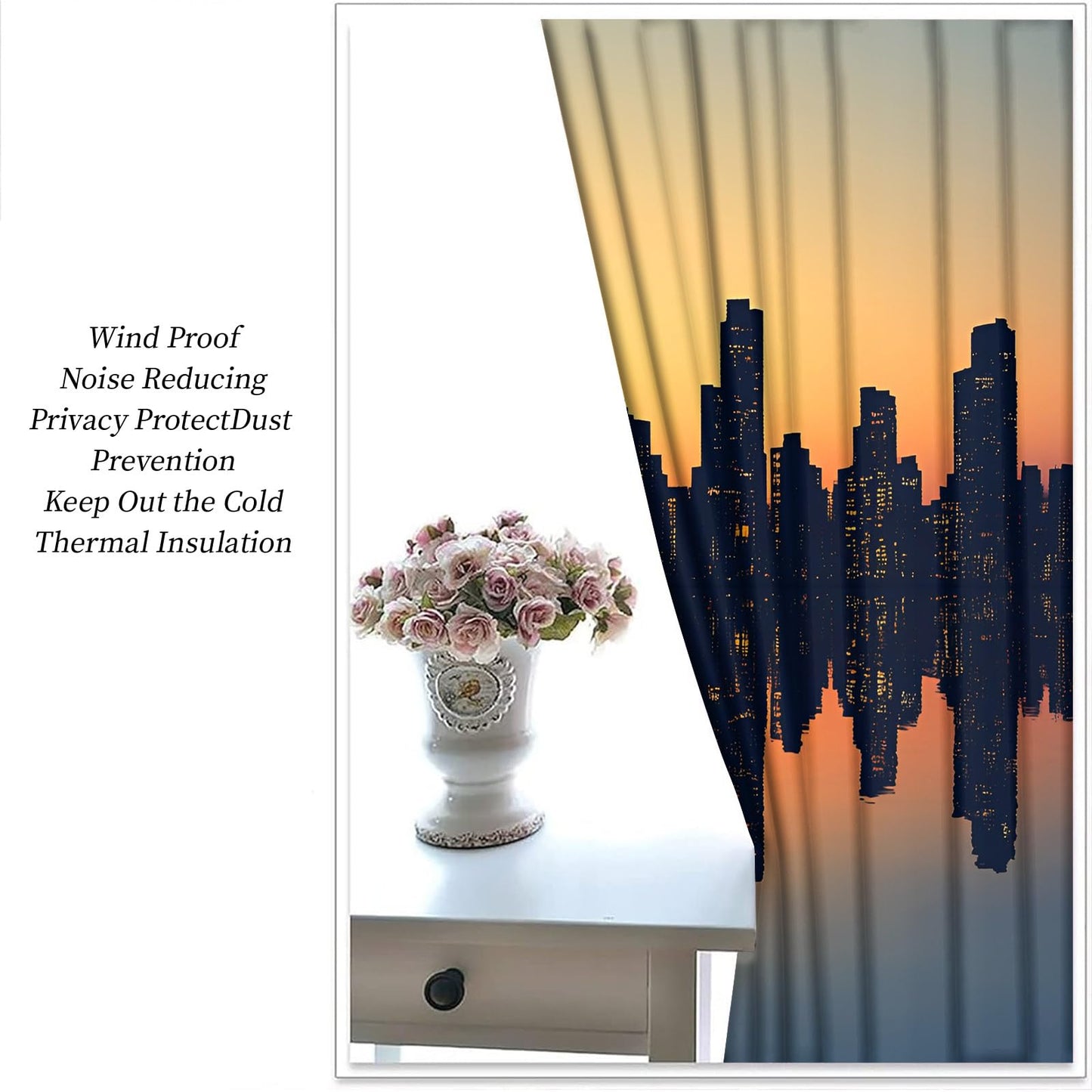 XAFIAUR City Skyline Blackout Curtains, Skyscraper Silhouettes Curtains for Living Room, Sunset Black Out Bedroom Curtain Thermal Insulated Grommet Drapes 2 Panels, for Boys Room 26" W x 63" L x2