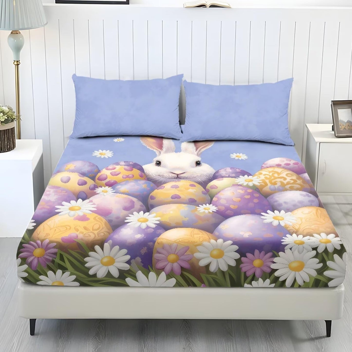 ZDCUSTOM Easter Bedding Set Twin XL Size Eggs Bunny Fitted Sheet with 2 Pillowcases,3 Pieces Fresh Cute Printed Soft Sheet Set Easy Care & Non-Slip Home Decor, 39" x 79"