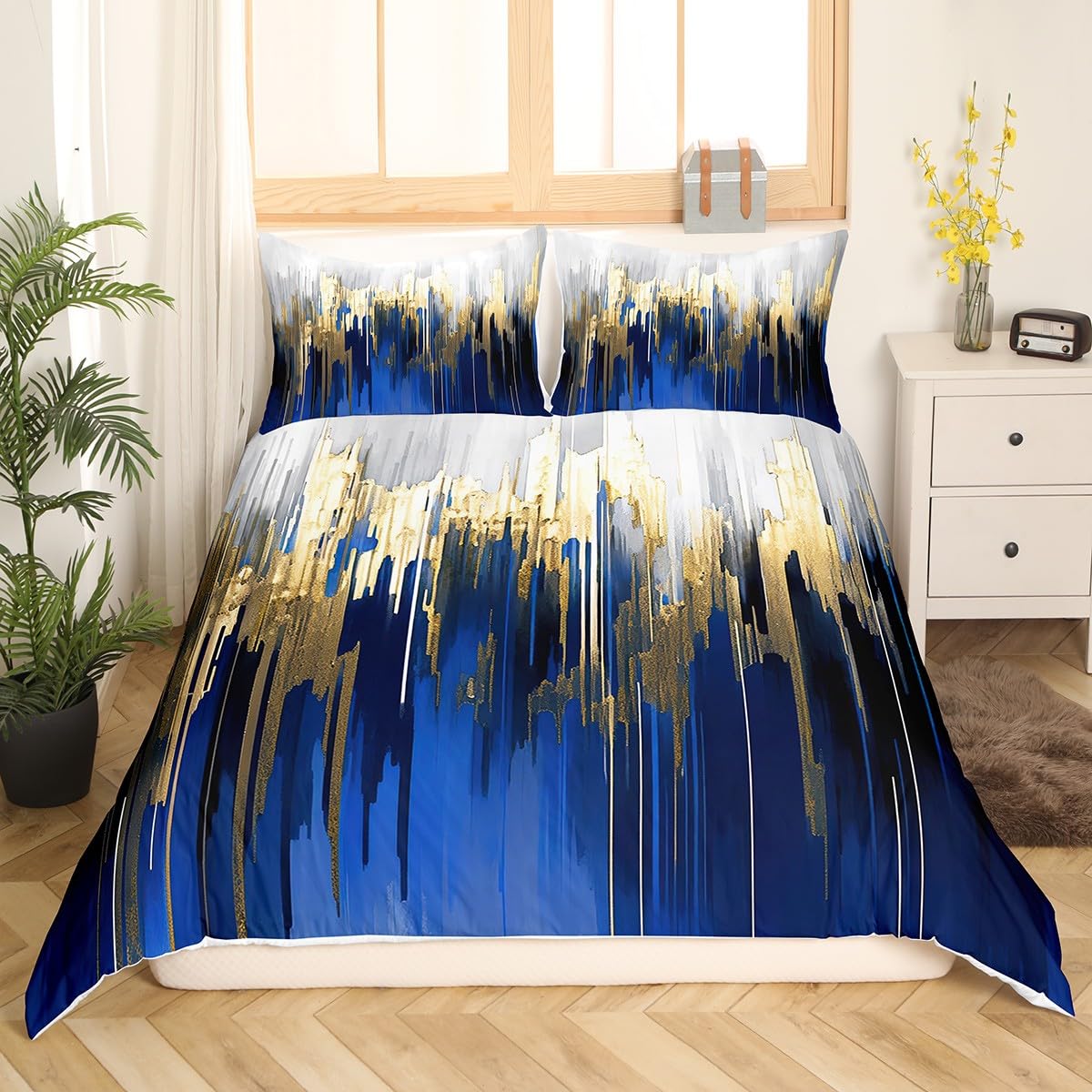 Erosebridal Abstract Art Comforter Cover Navy Gold Grey Bed Set, Stripe Duvet Cover Queen Size Golden Metallic Sequins Bedding Sets, Dark Blue Tie Dye Bedspread Cover Luxurious Modern Bedroom Decor