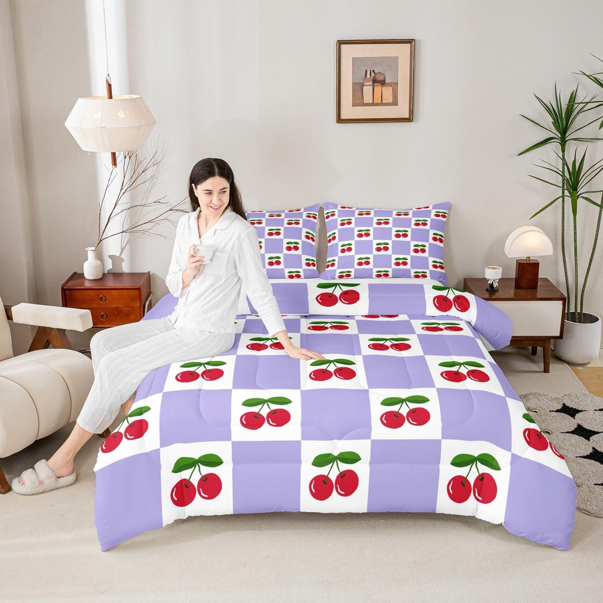 Manfei Cartoon Cherry Kids Comforter Set Twin Size,Geometric Plaid Checkerboard Patchwork Bedding Set,Girls Princess Room Decor,Tropical Fruit Fashion Down Comforter,Purple Duvet Insert,1 Pillowcase