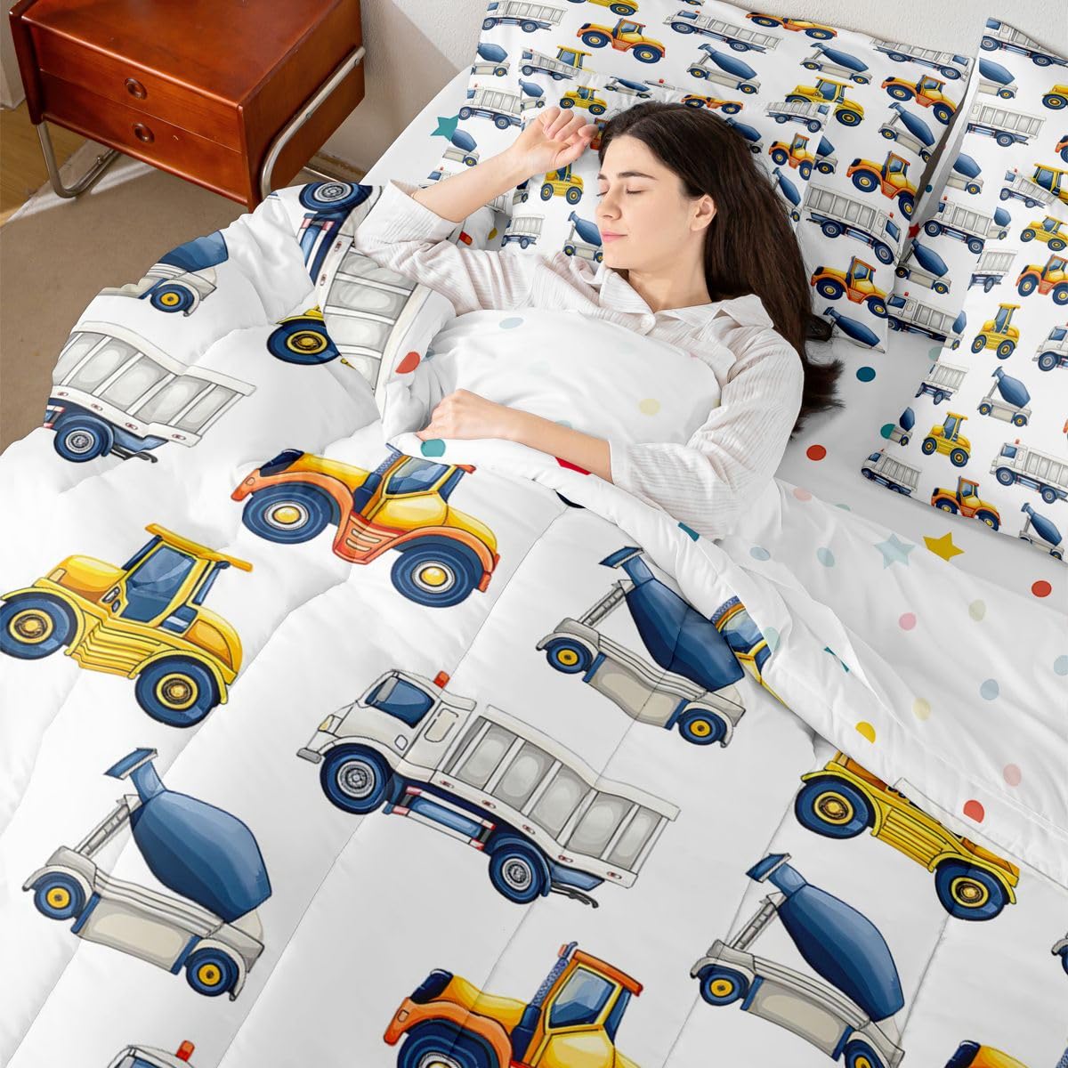 jejeloiu Excavator Comforter Set Twin Size 7 Pieces Construction Vehicles Bedding Set Equipment Trucks Bed in a Bag with Comforter, Sheets, Pillowcases, Cushion Covers Bedroom Decor
