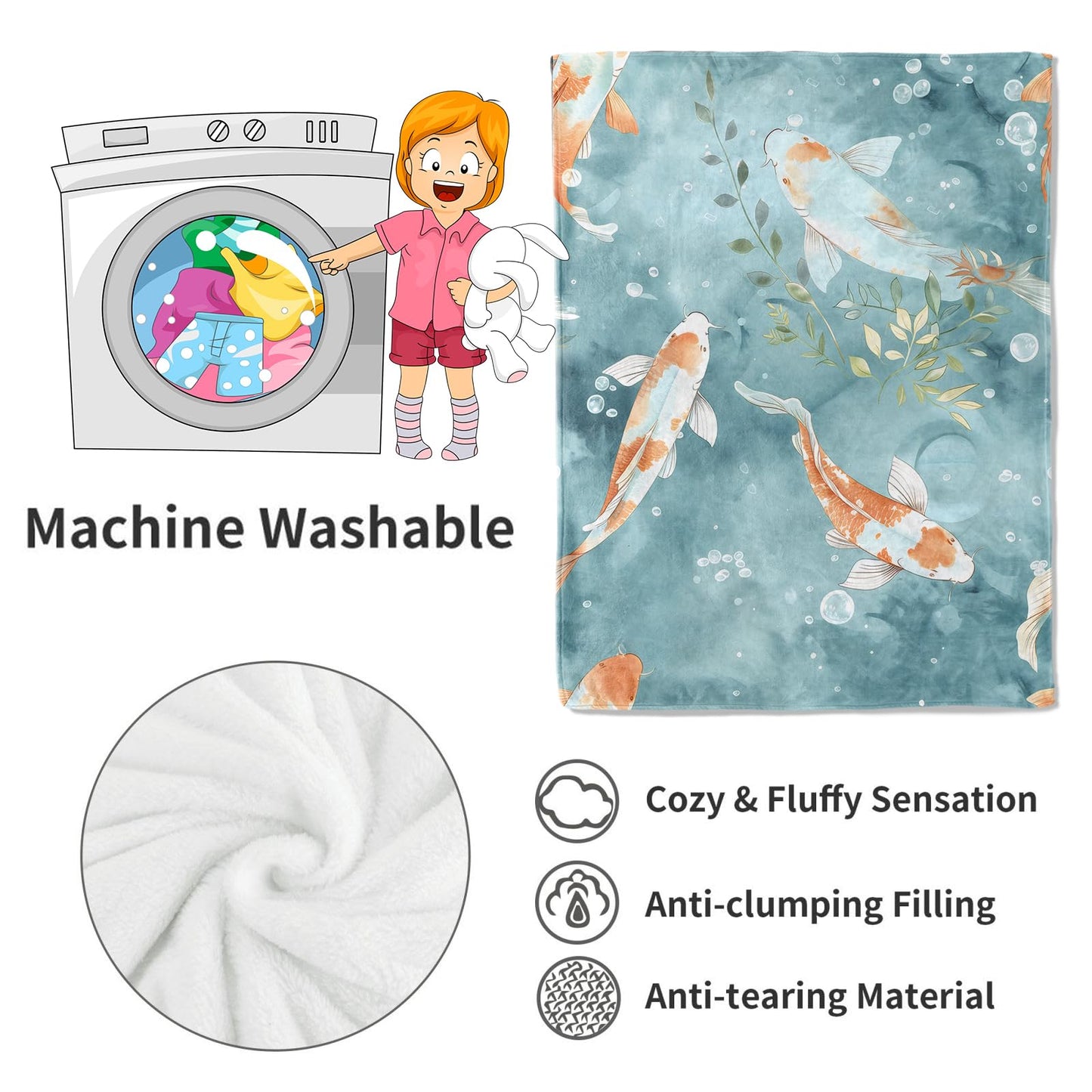 VODRM Koi Fish Blanket Gentle Aqua Tones Throw Blankets,Birthday Gifts for Kids Adult & Ocean Nature Lovers,Lightweight Soft Fleece Cozy for Sofa Couch Bed Room Zen Decor 50x60in