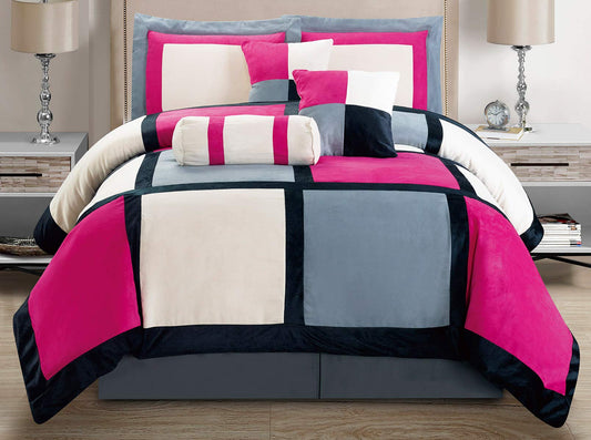 Masterplay 7 Piece Queen Size Pink, Grey Color Bedding (94"X 92") Comforter Set Micro Suede Bed in A Bag Patchwork Bedding