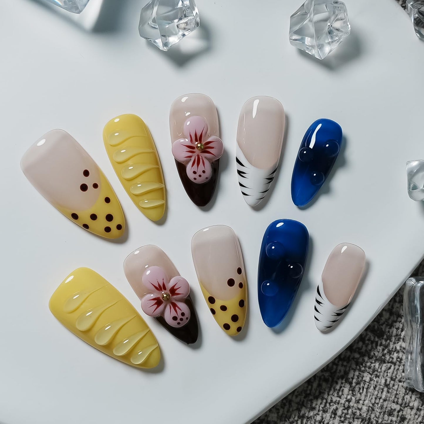 Tesytto 3D Hibiscus Press on Nails - Medium Almond 3D Flower & Water Drop Texture, Blue & Butter Yellow French Tip Nails, Tropical Hawaii Summer Fake Nails (Big Island-A,M)