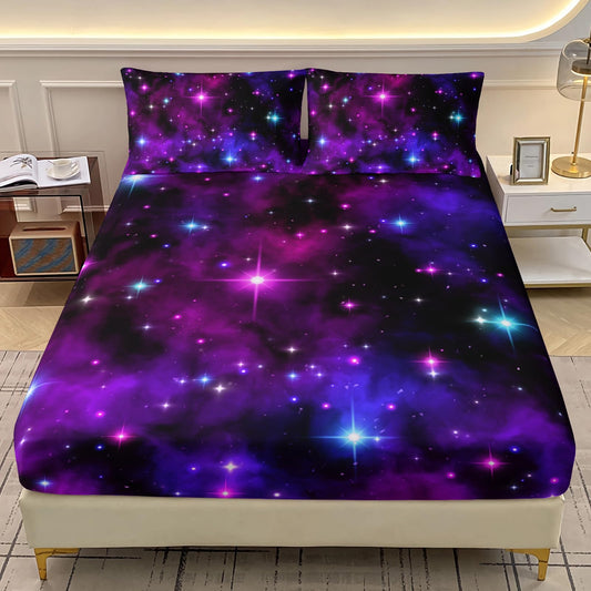 AILONEN Galaxy Fitted Sheet Set Twin XL Size, Outer Space Starry Sky Bedding Set for Kids Boys,Purple Theme Bed Sheet Set for All Season,3-Pieces,1 Fitted Sheet and 2 Pillowcases,Soft