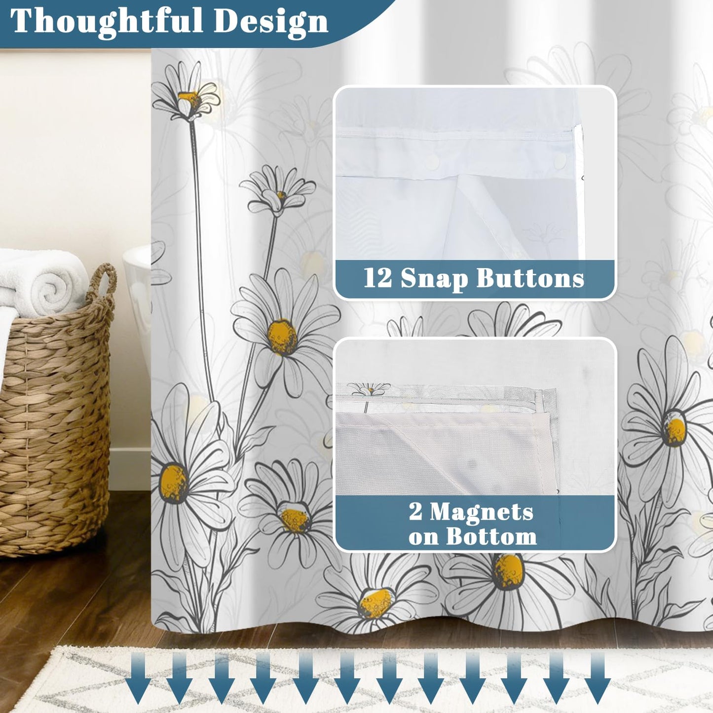 Xiazhilaio Daisy Floral Shower Curtain with Snap in Liner - Spring Summer Themed Flower Bath Shower Curtain No Hooks, Waterproof Double Layer Bathroom Curtain with Mesh Top Window, 71″W x 74″L