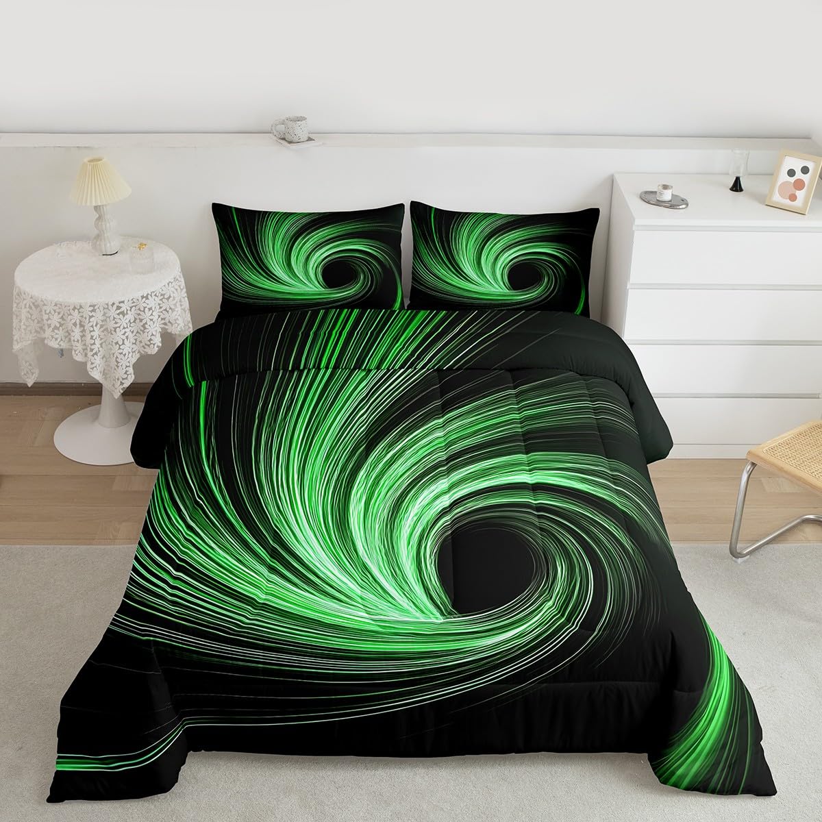 Erosebridal Green Black Kids Comforter Sets Black Hole Abstract Geometric King Bedding Set for Boys Girls Modern Circle Swirl Striped Comforter Set,Fashion Geometric Stripes Line Quilt Duvet 3 Pcs
