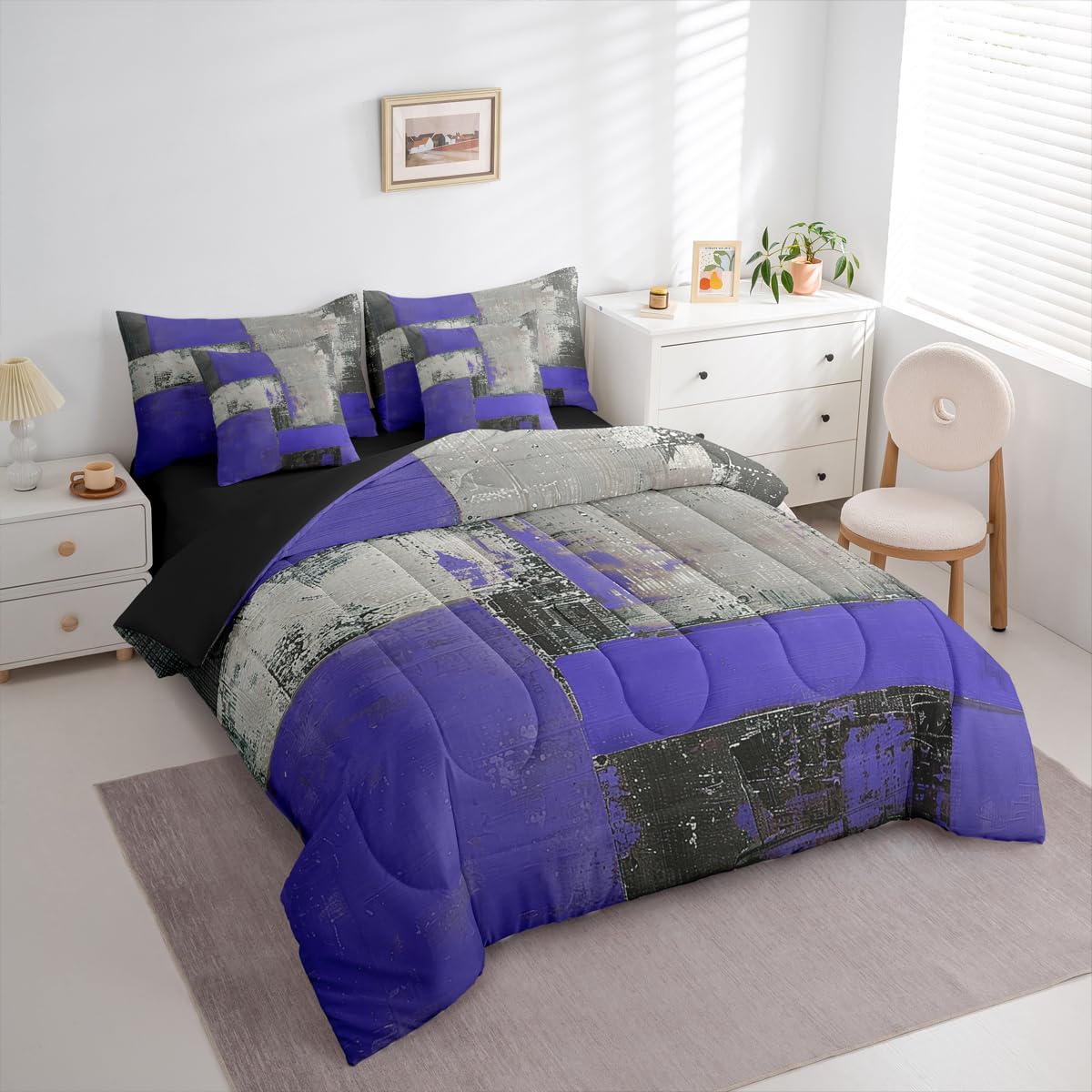 Feelyou Abstract Comforter Set King Size 7 Pieces Modern Abstract Art Bedding Set Luxury Bed in a Bag with Comforter, Sheets, Pillowcases, Cushion Covers Geometric Bedroom Decor Gray Purple