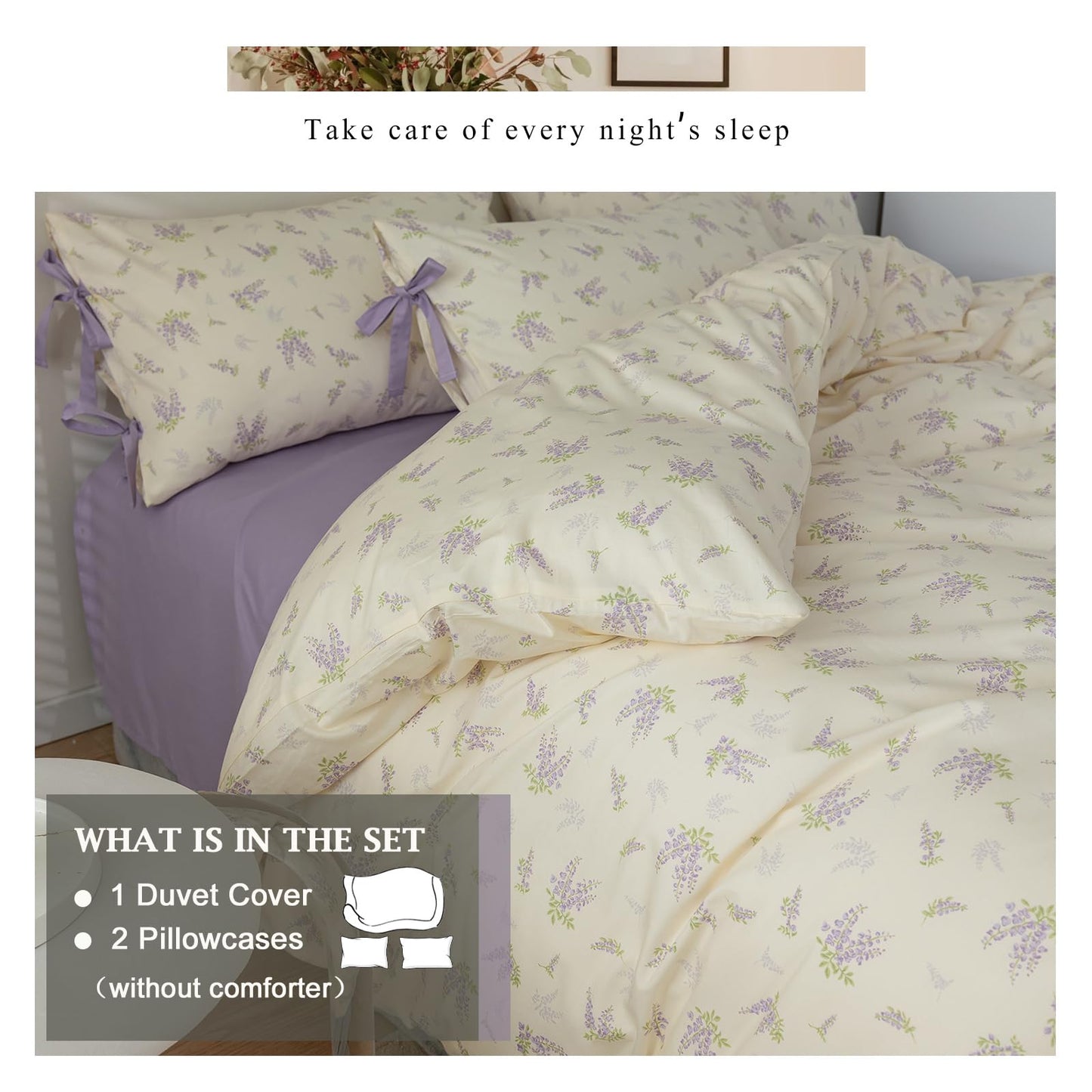 VM VOUGEMARKET Cotton Duvet Cover Set Queen,3 Pieces Purple Floral Bedding Set,Girls Lavender Flower Duvet Cover with Zipper Closure-Queen,90x90 Inch