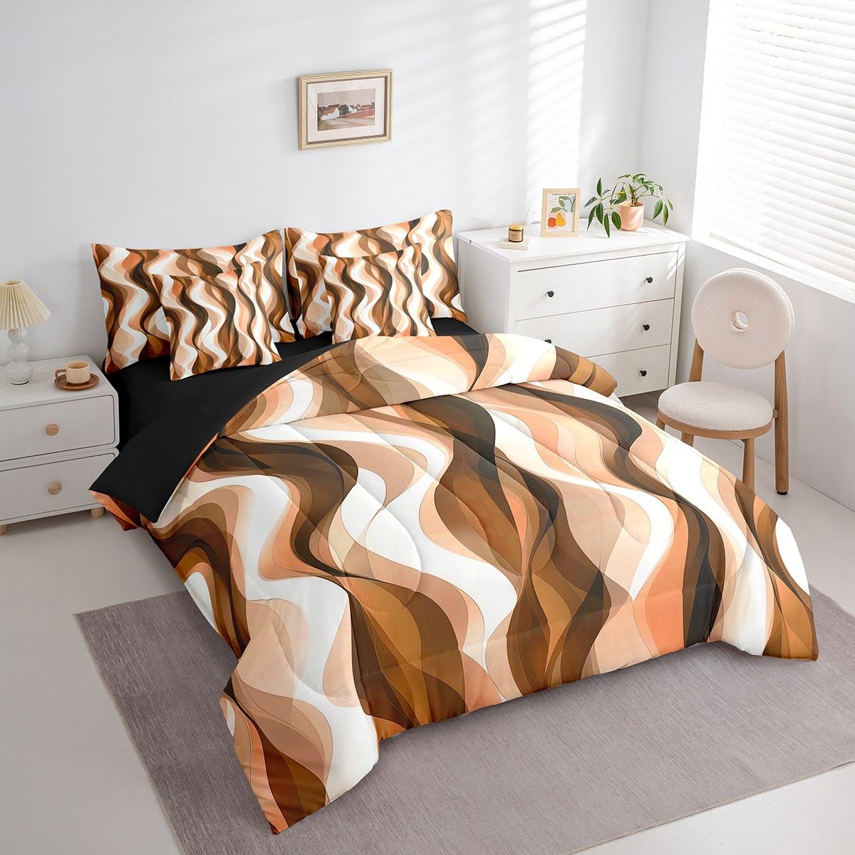 Erosebridal 7Pcs Orange Black Geometric Lines Queen Comforter Set,Striped Bed in A Bag for Minimalist Women Men Adults,Modern Aesthetics Art Quilt,Contemporary Gradient Ombre Lines Quilt