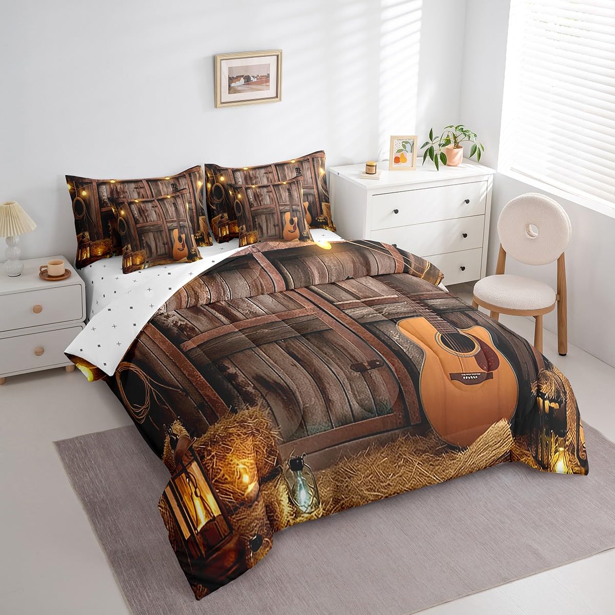 Feelyou Western Comforter Set 7 Pieces Twin Size Kids, Rustic Barn Bedding Set Boys Girls, Farmhouse Guitar Bed in a Bag,Comforter + Sheets + Pillowcases + Cushion Covers