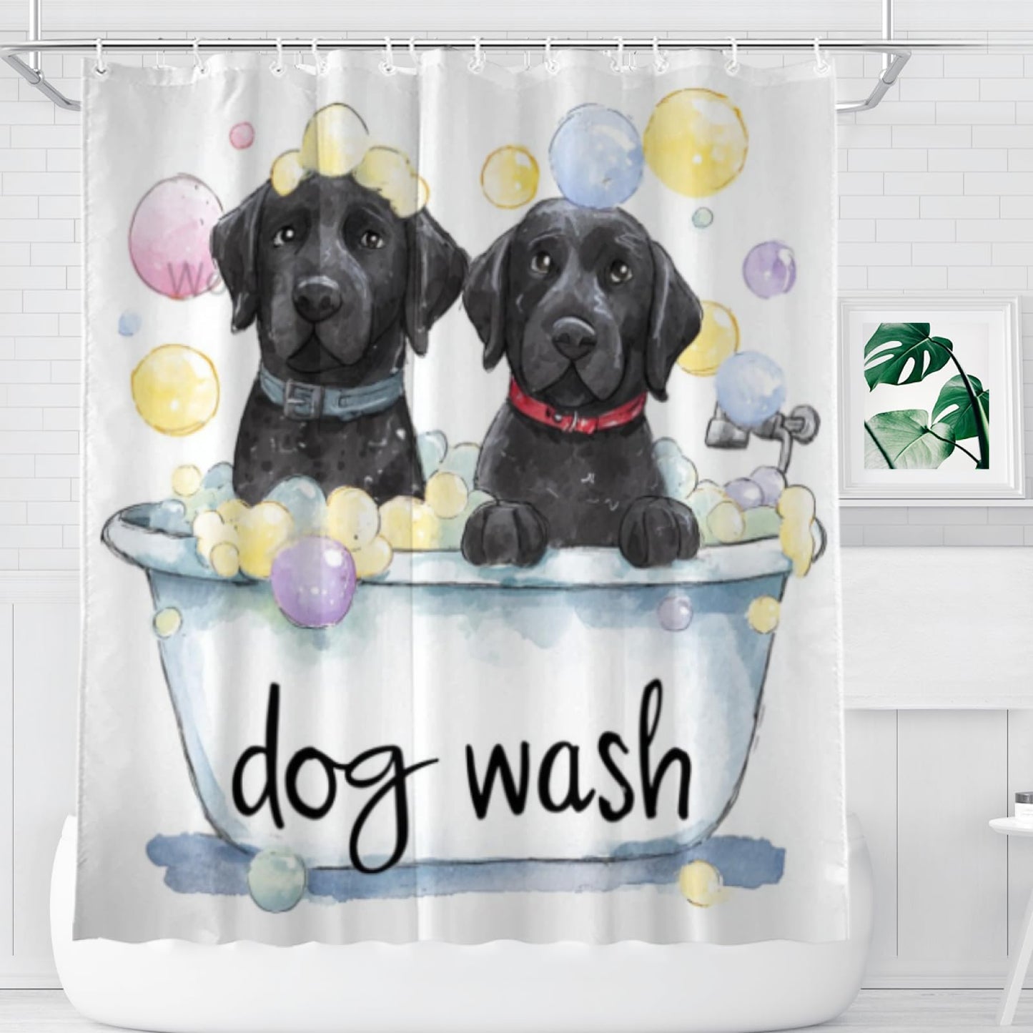 Wordatu Black Labrador Dog Cartoon Shower Curtain Playful Dogs in a Bathtub Pets Cloth Fabric Bathroom Decor Set with 12 Hooks 72x72 Inch