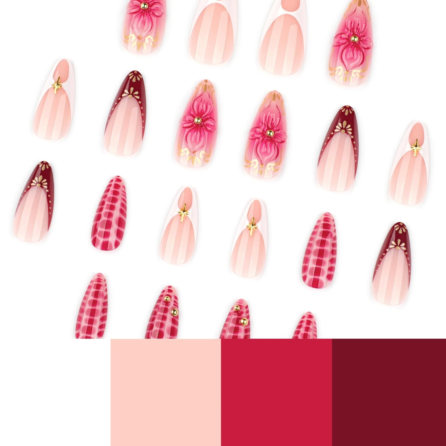 octoswave Press on Nails Long Almond Fake Nails Red French Artificial Nail with 3D Flowers Stick on Nail for Women 24pcs