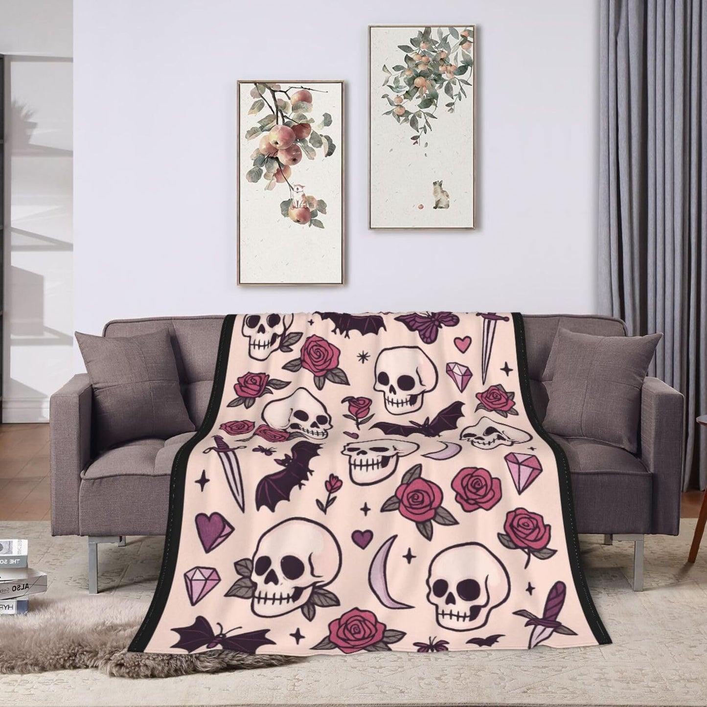 Gothic Pink Blanket Skull Skeleton Rose Bat Throw Blanket for Gothic Lover for Women Girls Adults Cozy Fleece Fuzzy Soft Flannel Plush Warm Bedding Stuff for Sofa Bed Couch 40 x 50 Inch