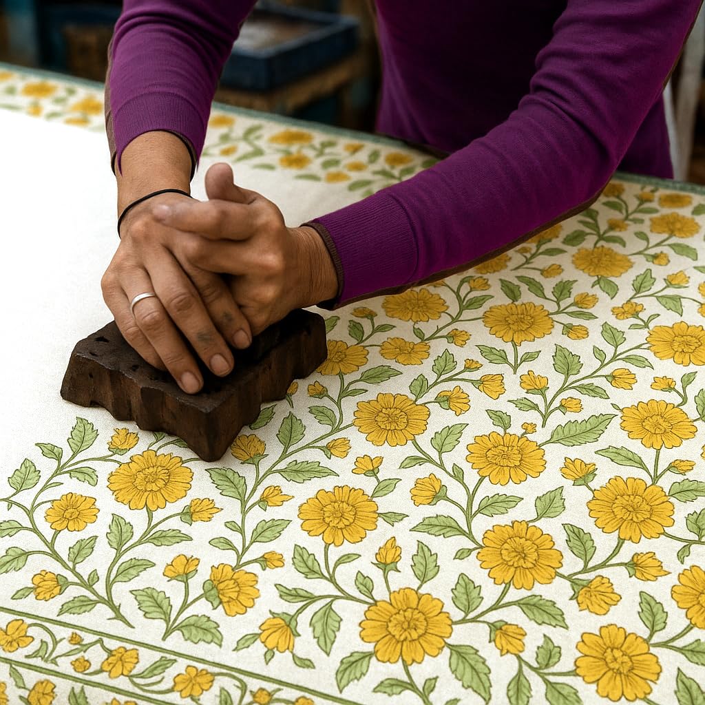 Encasa XO Rectangular Tablecloth 56"x72" 6 ft Yellow Jaipuri Block Print Cotton Dining Table Cloth | Handcrafted Floral tablecloths – Machine Washable for Indoor, Outdoor, Everyday Use
