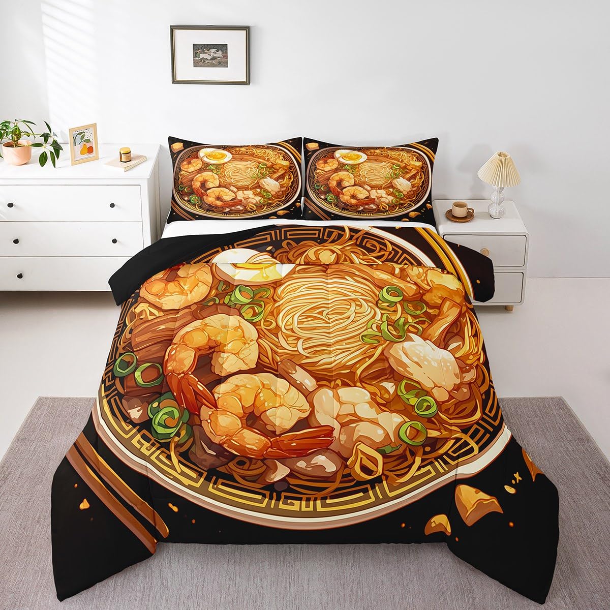 Erosebridal Ramen Noodle Queen Comforter Set,Japanese Ramen Bedding Set Funny Gifts for Kids Adults,Food Themed Quilt Bed Set Anime Style Bedding Comforter Sets with 2 Pillowcases Bedroom Decor