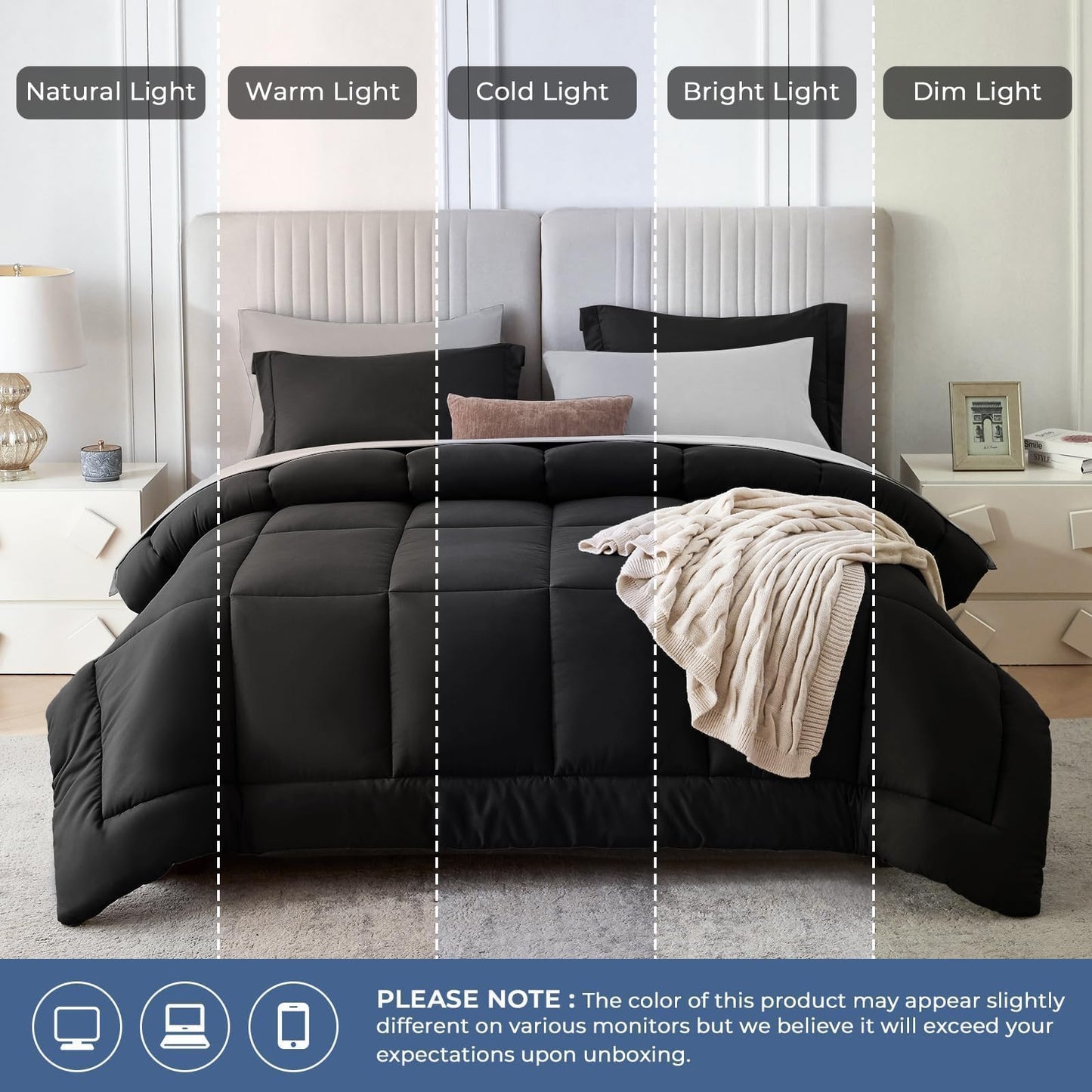 Sasttie King Size Comforter Set, 7 Pieces Bed in a Bag King, Complete Bedding Set Includes Comforter, Flat Sheet, Fitted Sheet, Pillowcases and Pillow Shams, Black & Light Grey