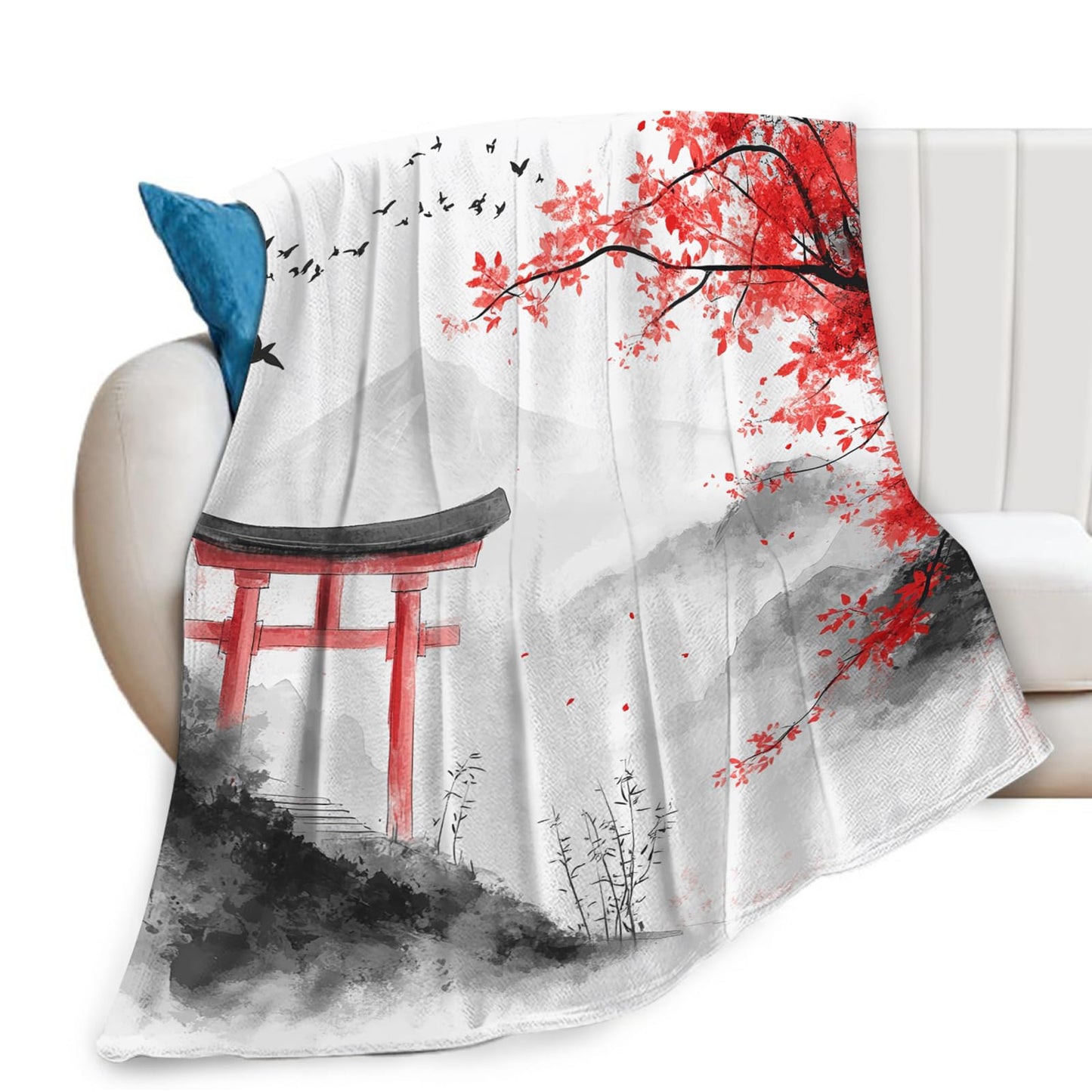 Japanese Samurai Blanket for Women Mens, Japanese Cherry Blossom Fleece Blanket Gifts for Boys Girls, Warm Cozy Soft Flannel Stuff for Bed Sofa Couch 50" x 40"