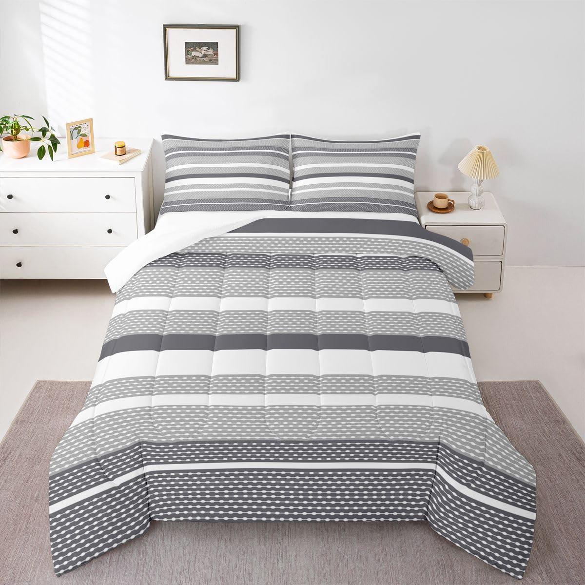 jejeloiu Black White Grey Stripes Bedding Set King Size Geometric Comforter Set for Kids Patchwork Striped Comforter Women Men Teens Ultra Soft Line Modern