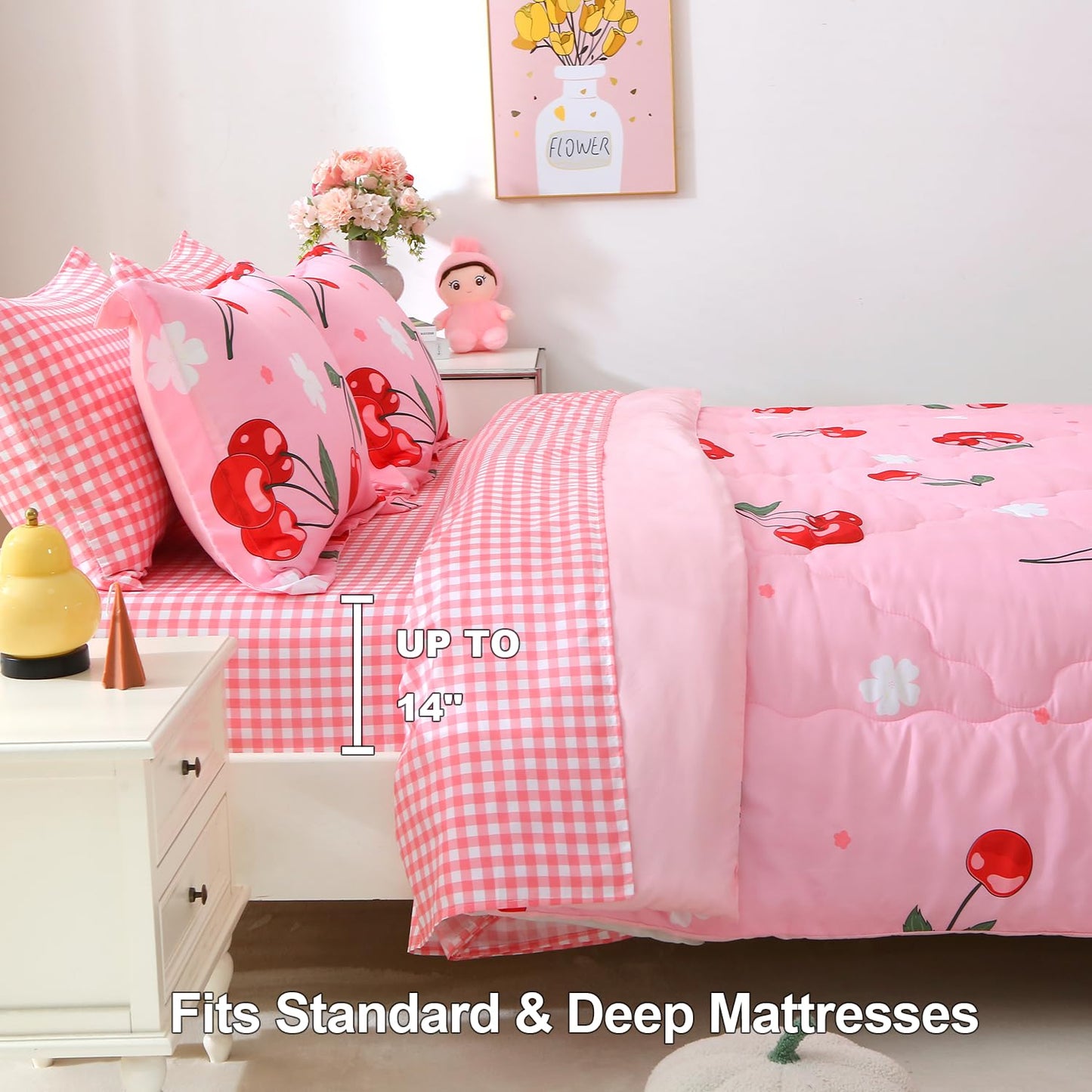 Gusuhome Girls Cherry Comforter Bedding Set Twin Size 7 Piece Pink Oriental Cherry Comforter Set Bed in A Bag for Kids Teens All Season (Comforter,Flat Sheet,Fitted Sheet and Pillow Sham)