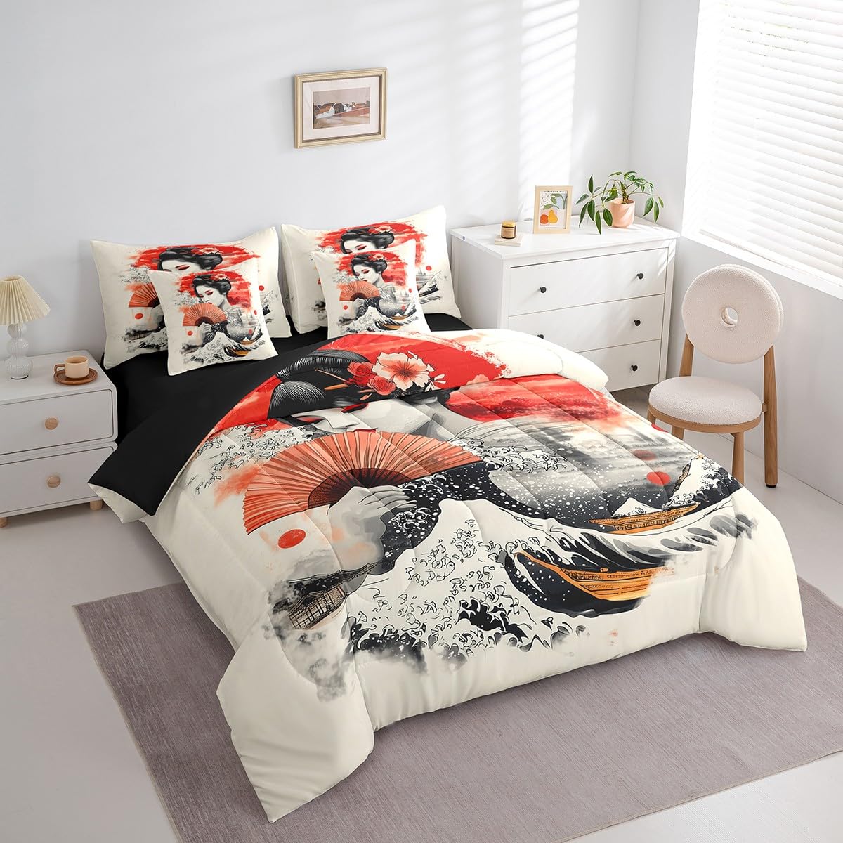 Erosebridal Geisha Female Bedding Set 7Pcs,Japanese Sea Wave Comforter Set Twin for Kids Teens Adults,Traditional Aesthetic Bed in a Bag