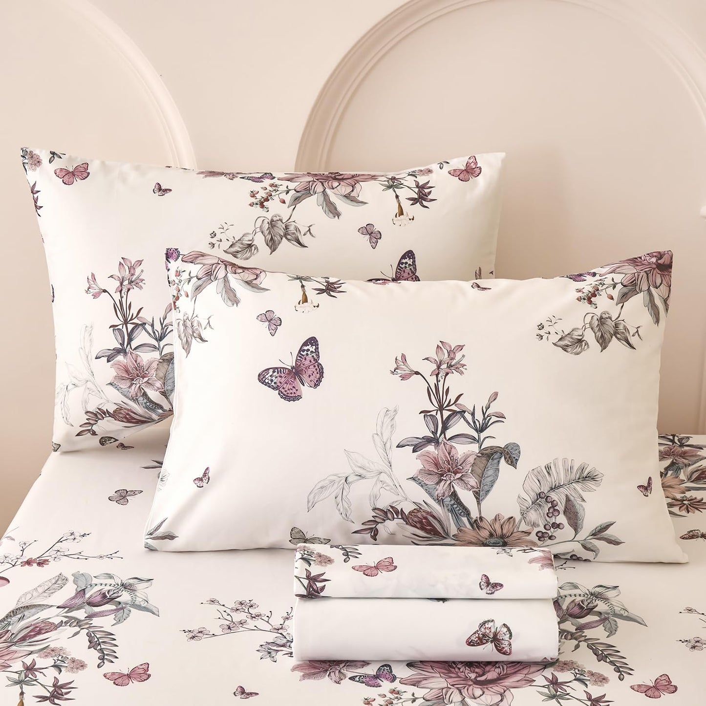 Huborise King Size Sheet Set Dusty Rose Floral Bed Sheets 100% Cotton 4Pcs, Light Pink Flower & Butterfly Printed Bed Set with Deep Pocket 17.5", Soft Breathable & Crisp, Luxury French Country Style