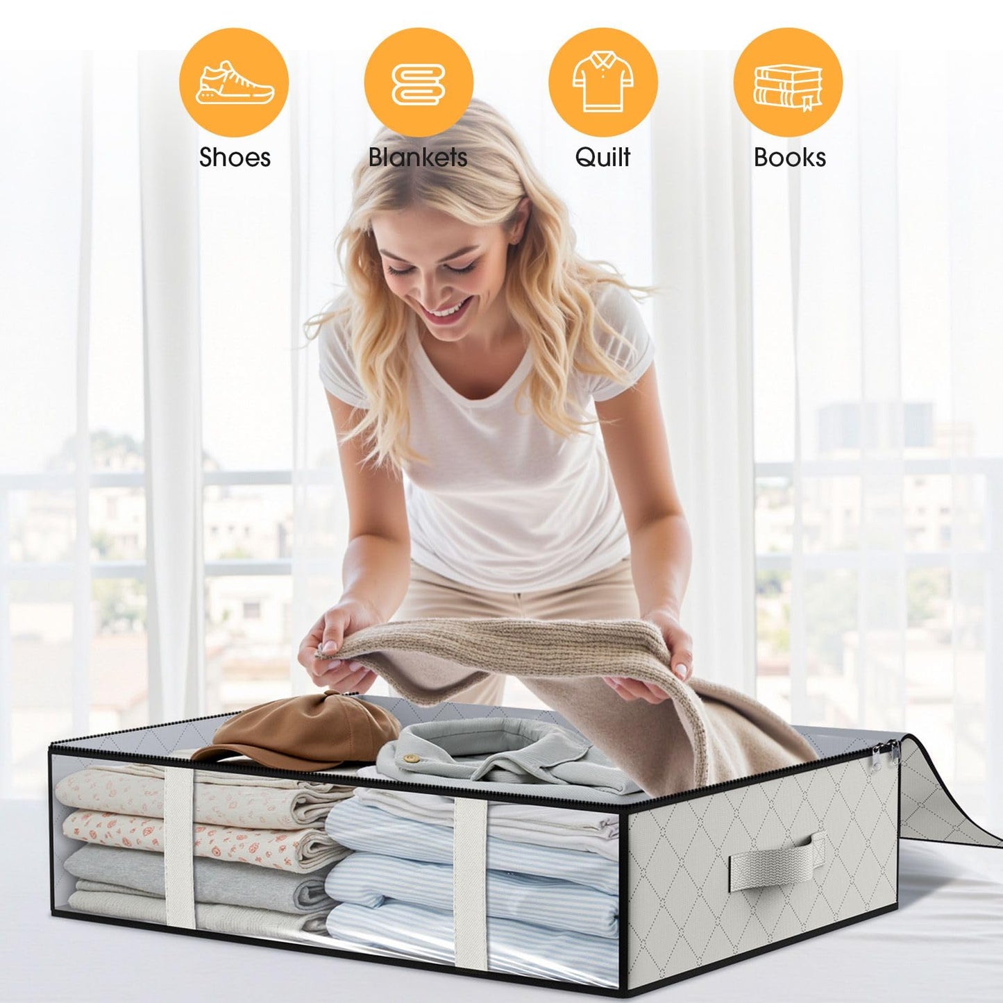 StorageRight Under Bed Storage Bags 6 Pack, 40L Large Clothes & Comforter Storage Containers with Clear Window, Breathable Fabric Organizer for Blankets, Bedding, Seasonal Clothing, White