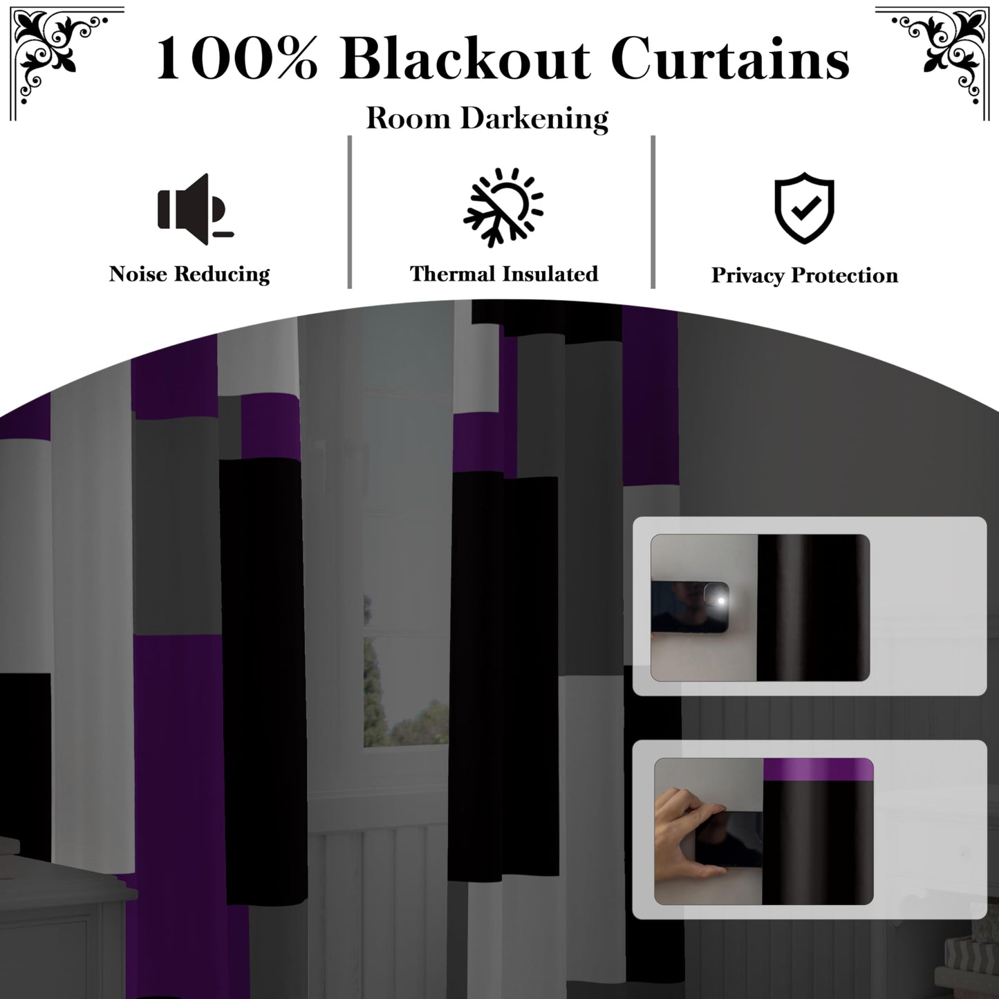 Tyrot Purple 100% Blackout Curtains for Bedroom 45 inch Length 2 Panels Set Grey Modern Abstract Geometric Black Out Curtains Insulated Room Darkening Window Drapes for Living Room, 52Wx45L