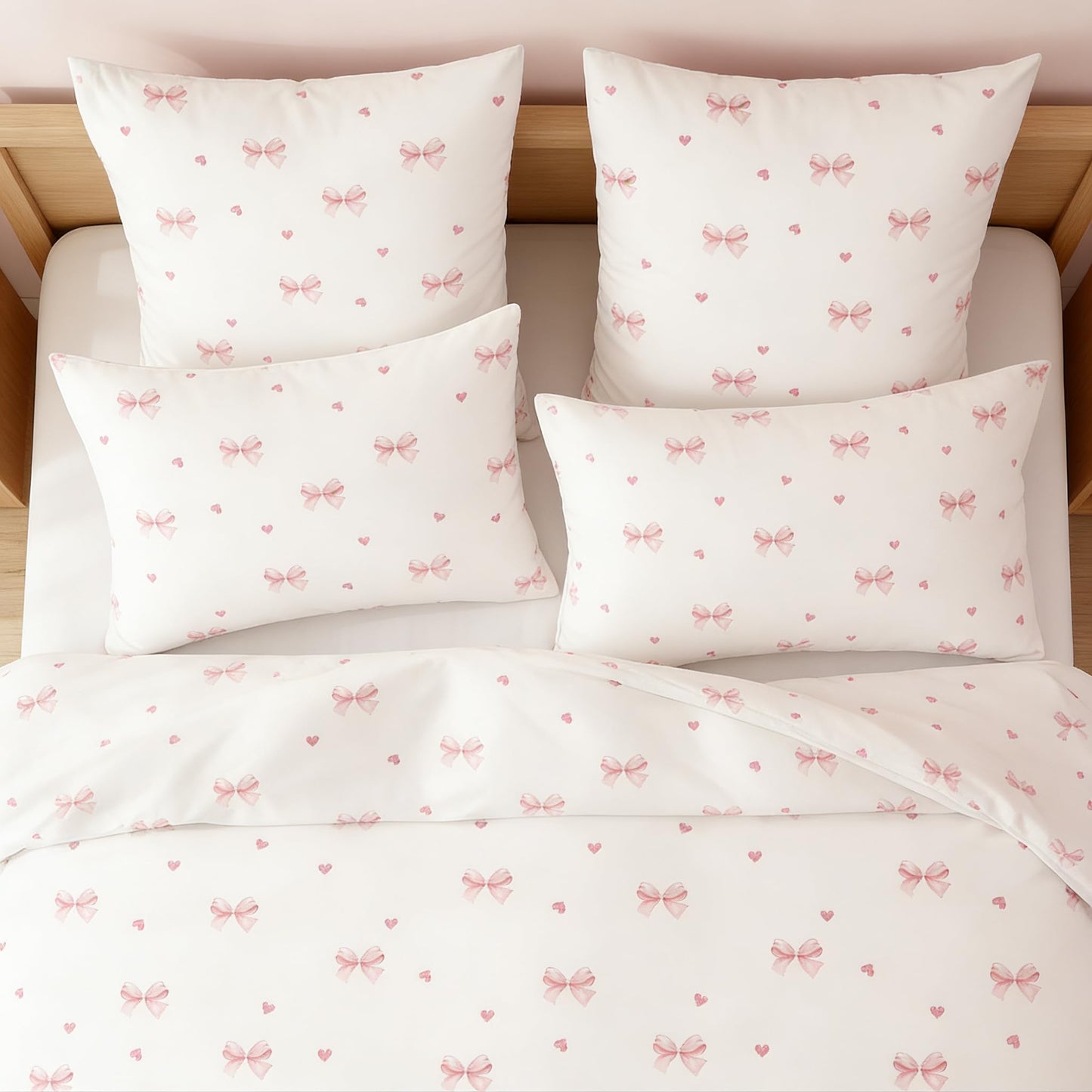 Sedefen Pink Bow Duvet Cover Queen Size Red Heart Bowknot Printed on White Duvet Cover Set Girls Princess Style Cute Kawaii Bows Love Pattern Reversible Soft Breathable Microfiber Bedding Set 3Pcs
