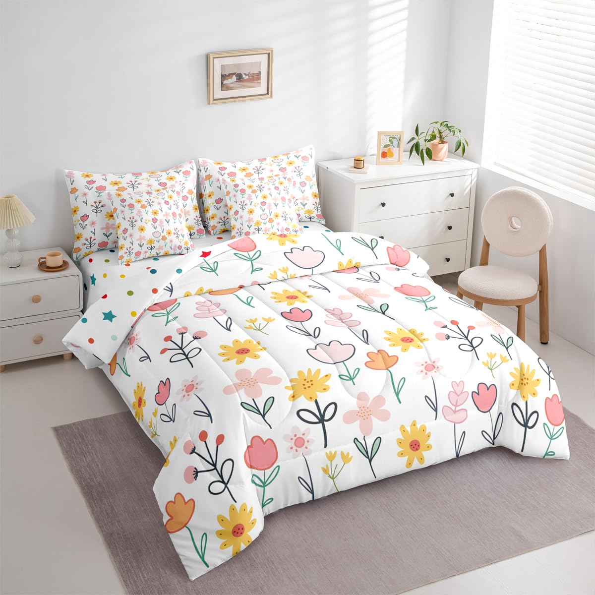 Feelyou Floral Comforter Set with Sheets 7 Piece Queen Size Plant Bedding Set for Kids Boys Girls Farmhouse Garden Bed in a Bag Cute Room Decor Pink Yellow White Soft Lightweight Microfiber
