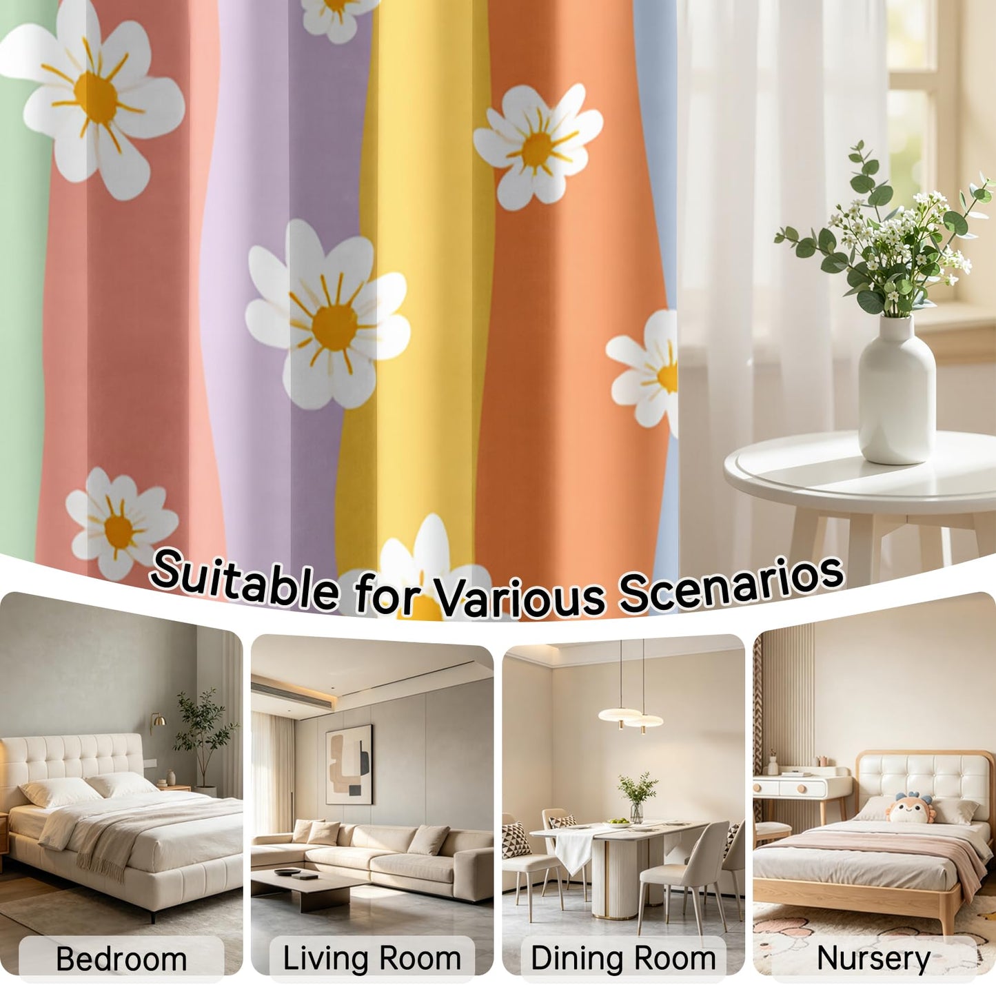 Mistwalk Retro 70s Daisy Blackout Curtains for Bedroom & Living Room, 63 Inch Curtains 2 Panel Set, Room Darkening Thermal Insulated Grommet Drapes, Girls Rainbow Floral Patterned Window Treatments