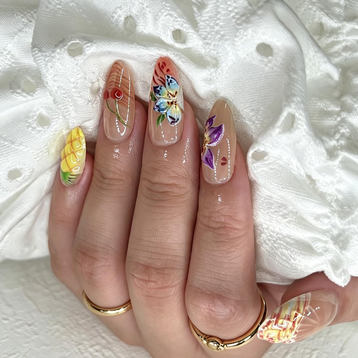 3D Press On Nails Almond Medium French Fake Nails with Embossed Flower&Fruit Summer Designs, Acrylic Artificial Nail Press ons False Stick On Nails for Women Girls 30Pcs