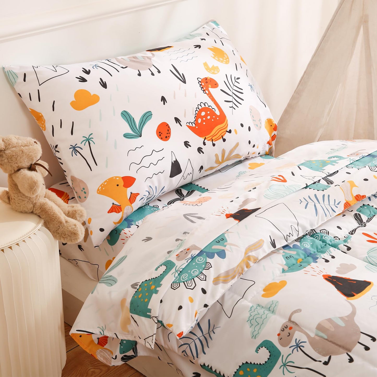 JSD Dinosaur Toddler Bedding Set, 4 Piece Bed-in-a-Bag Toddler Comforter Sheet Set, All Season Machine Washable