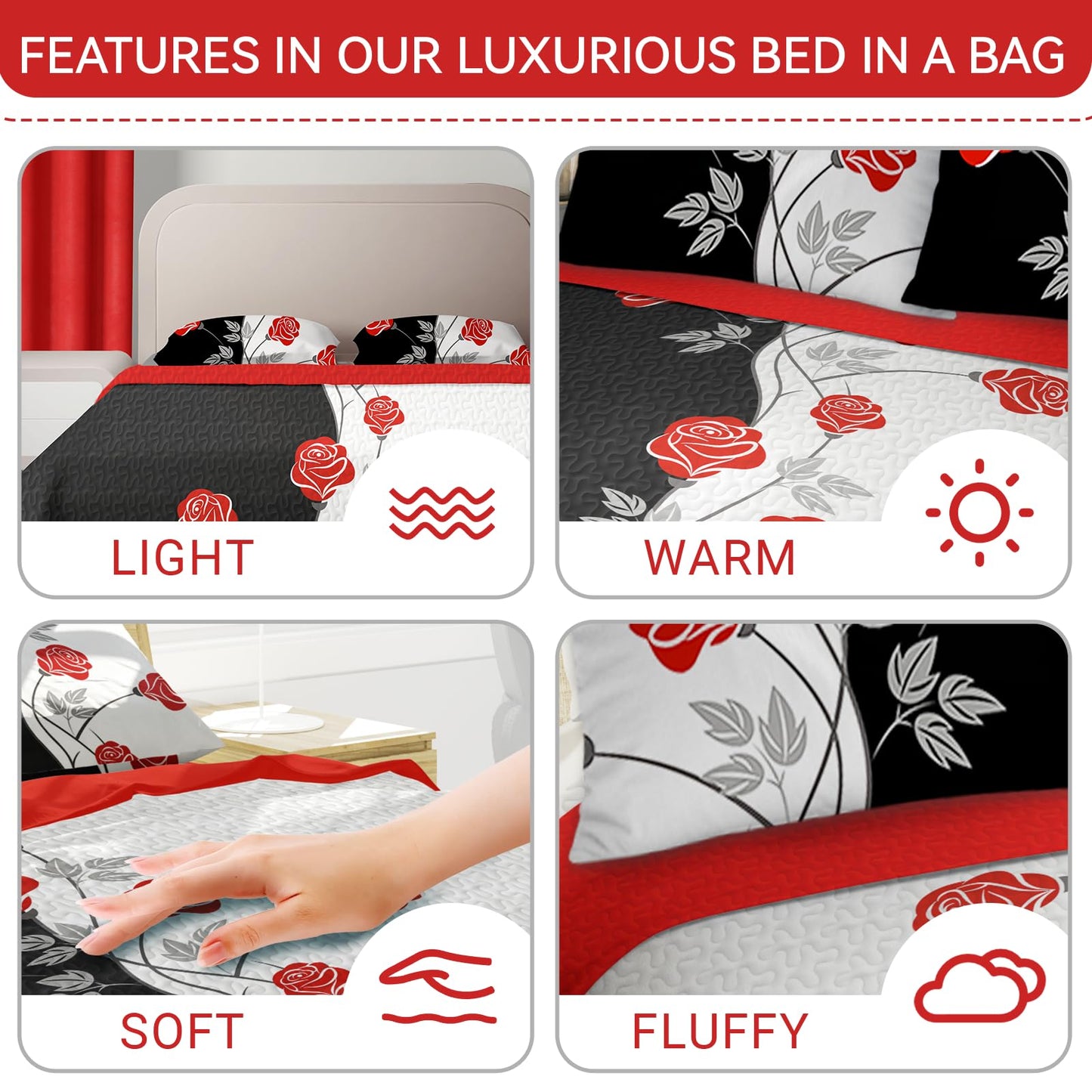 CozyCreatures Vintage Boho Red Rose King Light Comforter Set, 9-Piece Bed in a Bag with Curtains, Brushed Microfiber Bedspread Set with Matching Curtains for Master Bedroom, Machine Washable